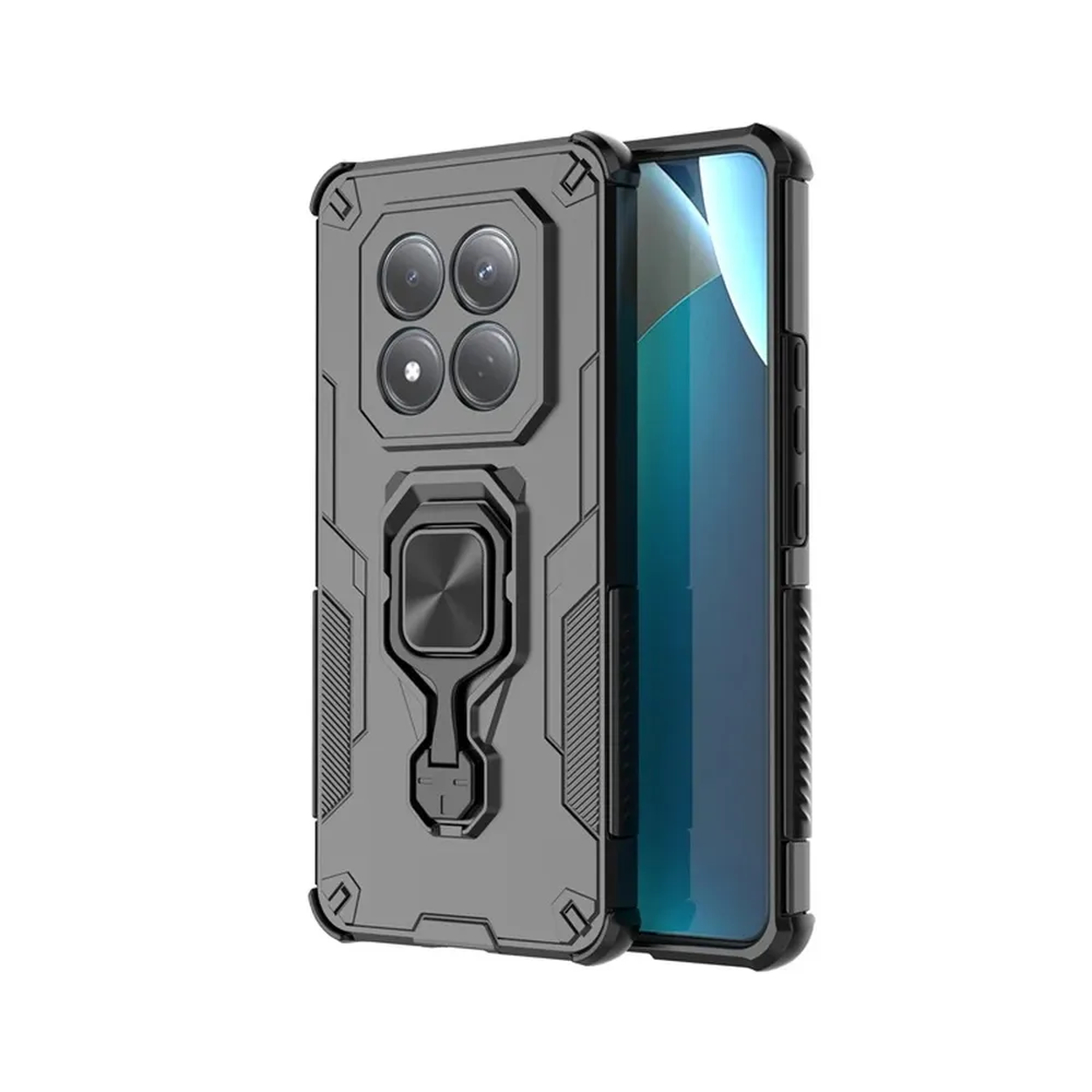 Grijze telefoonhoes met vier camera's en ringhouder.