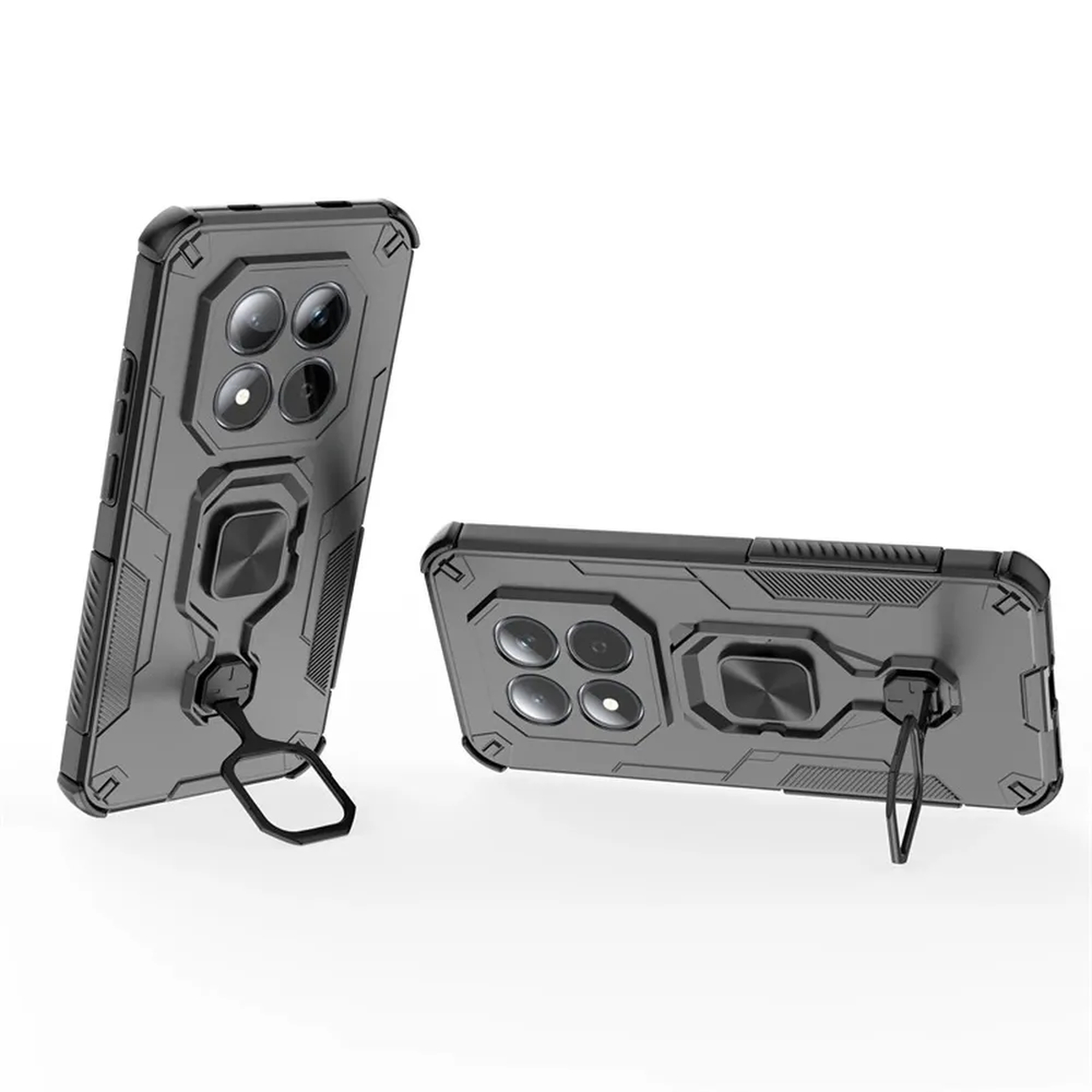 Twee zwarte telefoonhoesjes met ringhouder en ingebouwde standaard.
