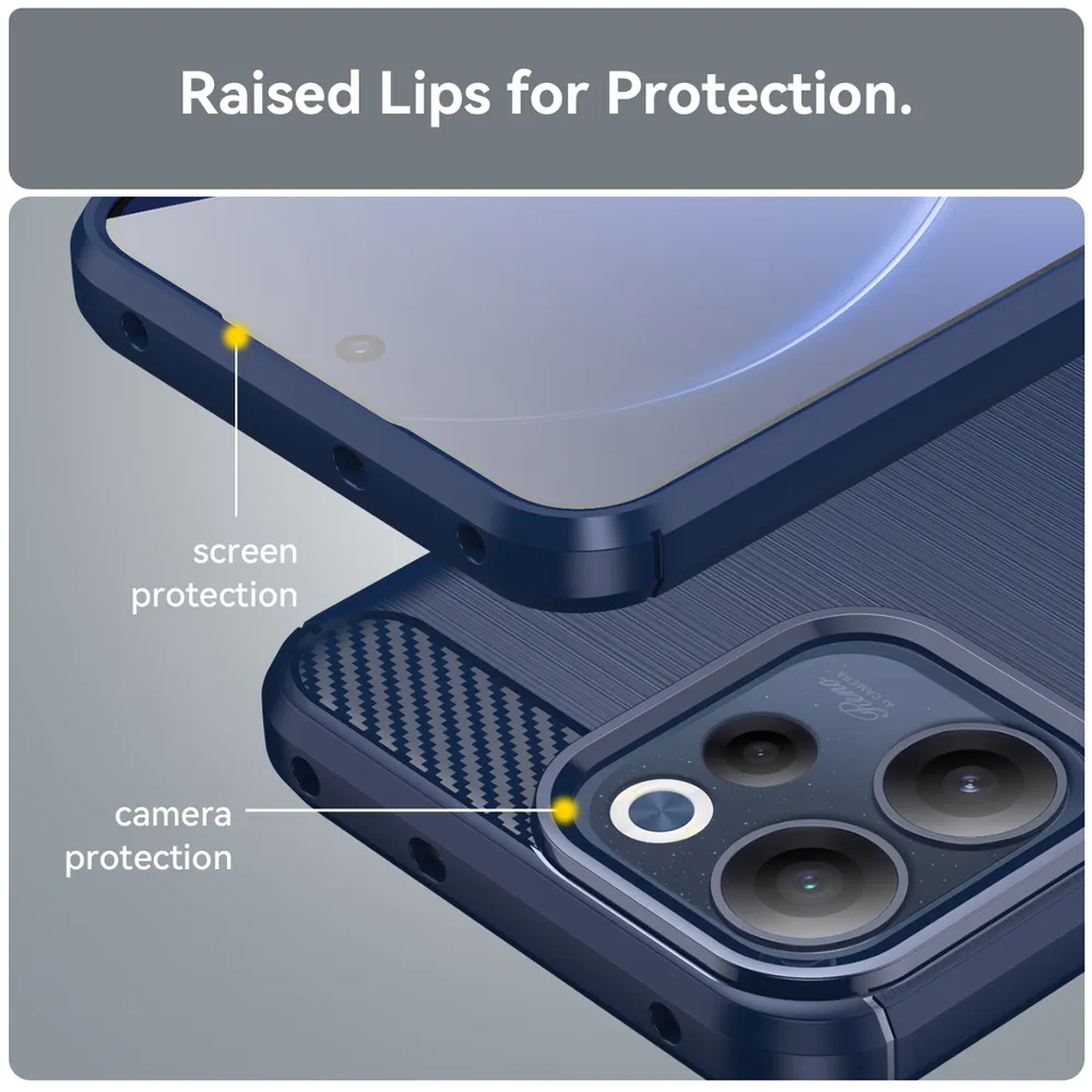 Coque de téléphone bleu foncé avec bords surélevés.