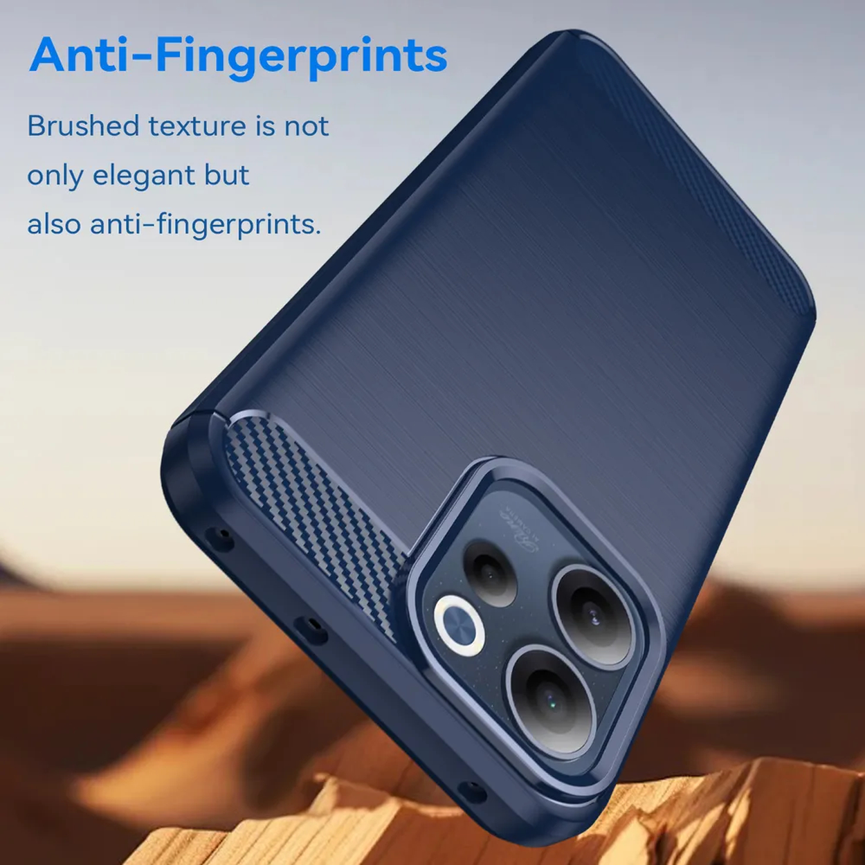 Coque de téléphone bleu foncé à texture brossée et découpe caméra.