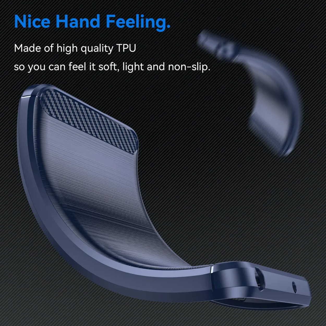 Coque de téléphone bleue en TPU avec insert en fibre de carbone, pliée.