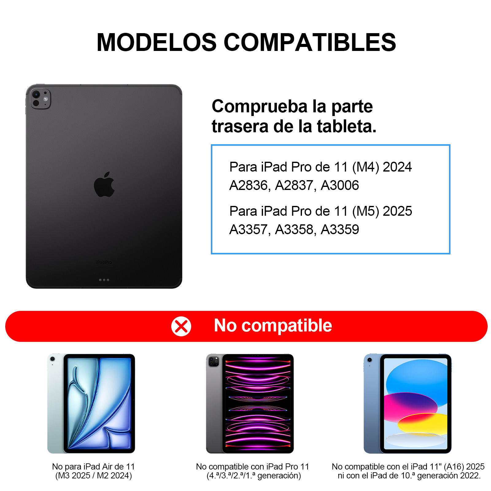 Un iPad Pro negro con logo de Apple y números de modelo. Abajo hay iPads no compatibles.