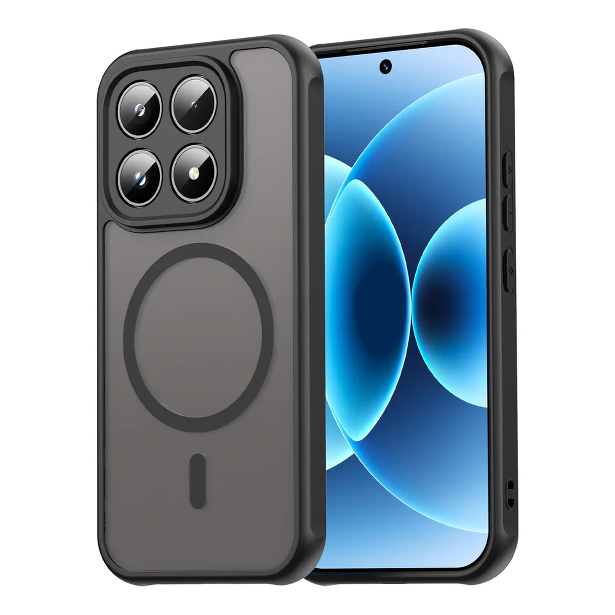 Zwarte telefoonhoes met vier camera's en een magnetische ring.