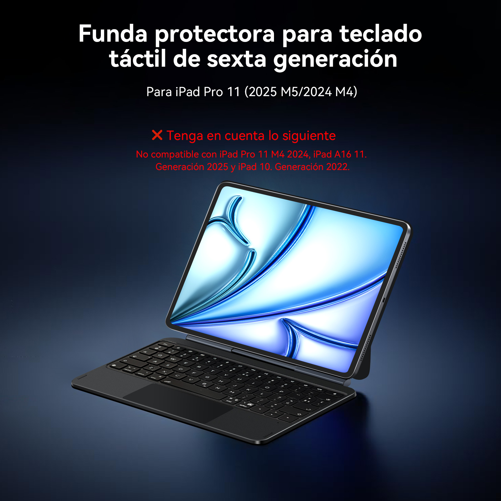 Un iPad Pro negro con funda teclado sobre fondo oscuro.
