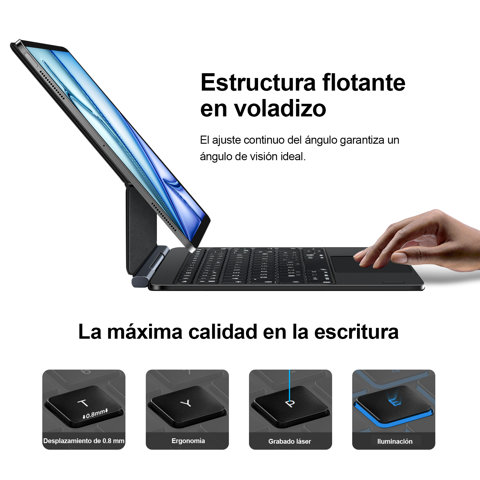 Una tableta en un teclado, mostrando la estructura de soporte flotante.