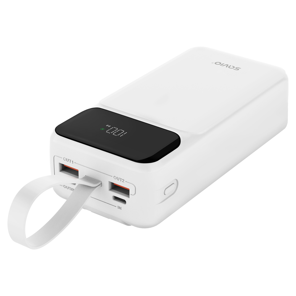 Biały power bank z czarnym wyświetlaczem pokazującym 100%. Posiada porty USB.