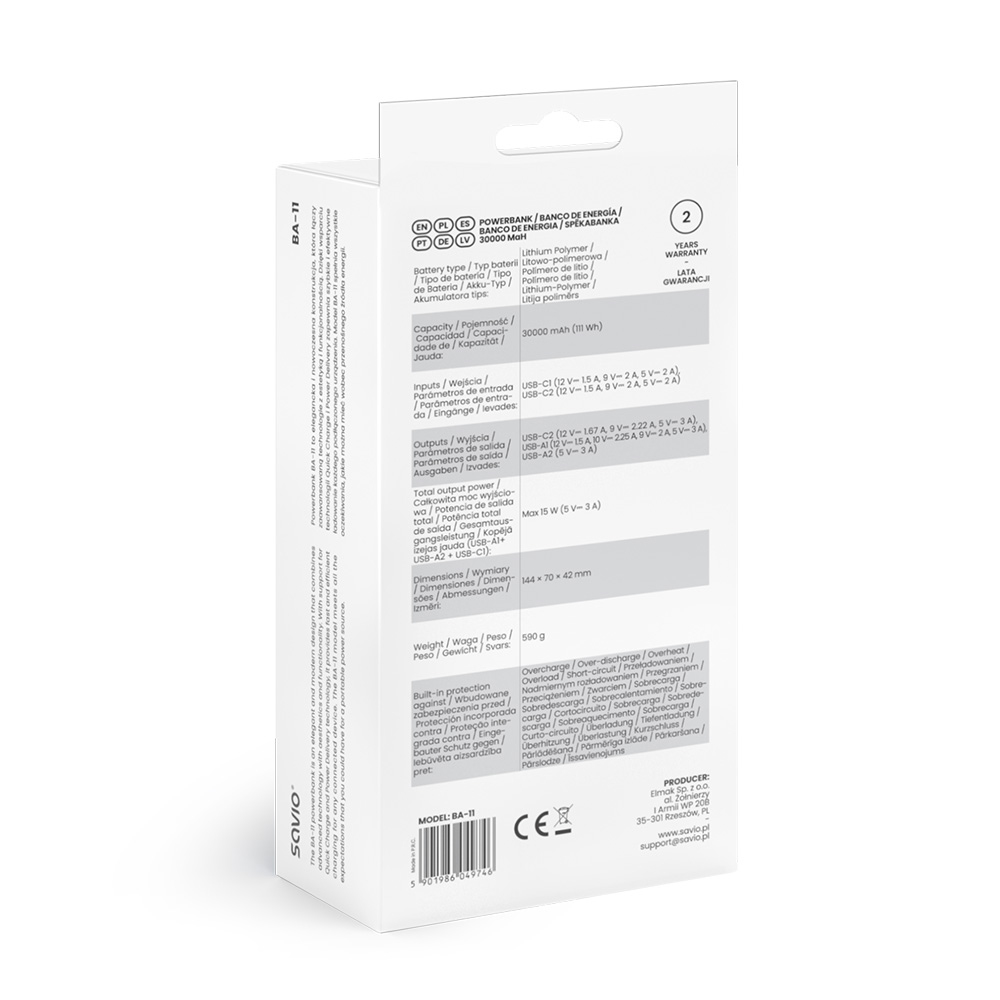 Powerbank Savio BA-11: 30000mAh, Li-Polimer, 15W, 144x70x42mm, 590g. Zabezpieczony.
