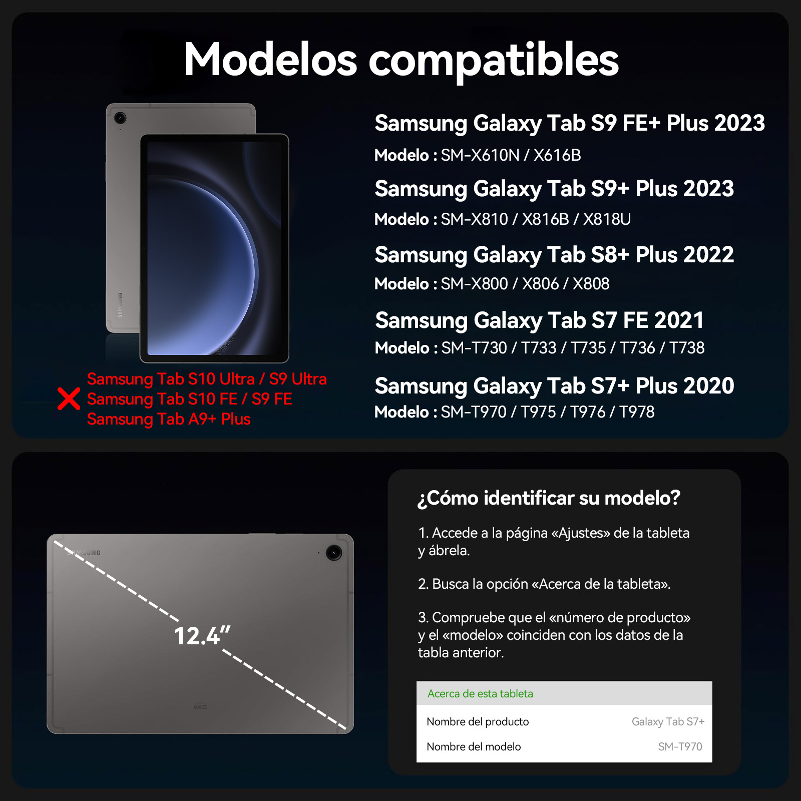 Modelos compatibles de Samsung Tab con información de tamaño y guía.