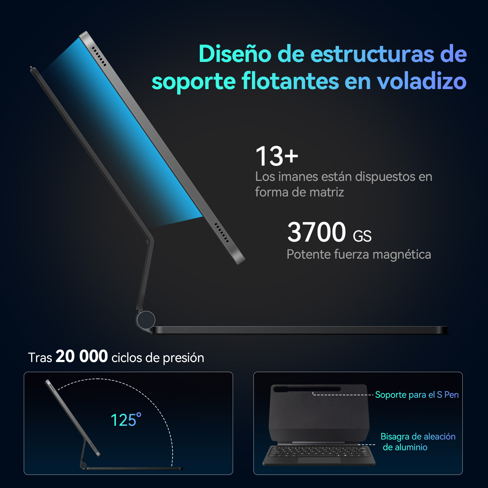 Soporte para tableta con montaje magnético, ángulo de 125°, S Pen.