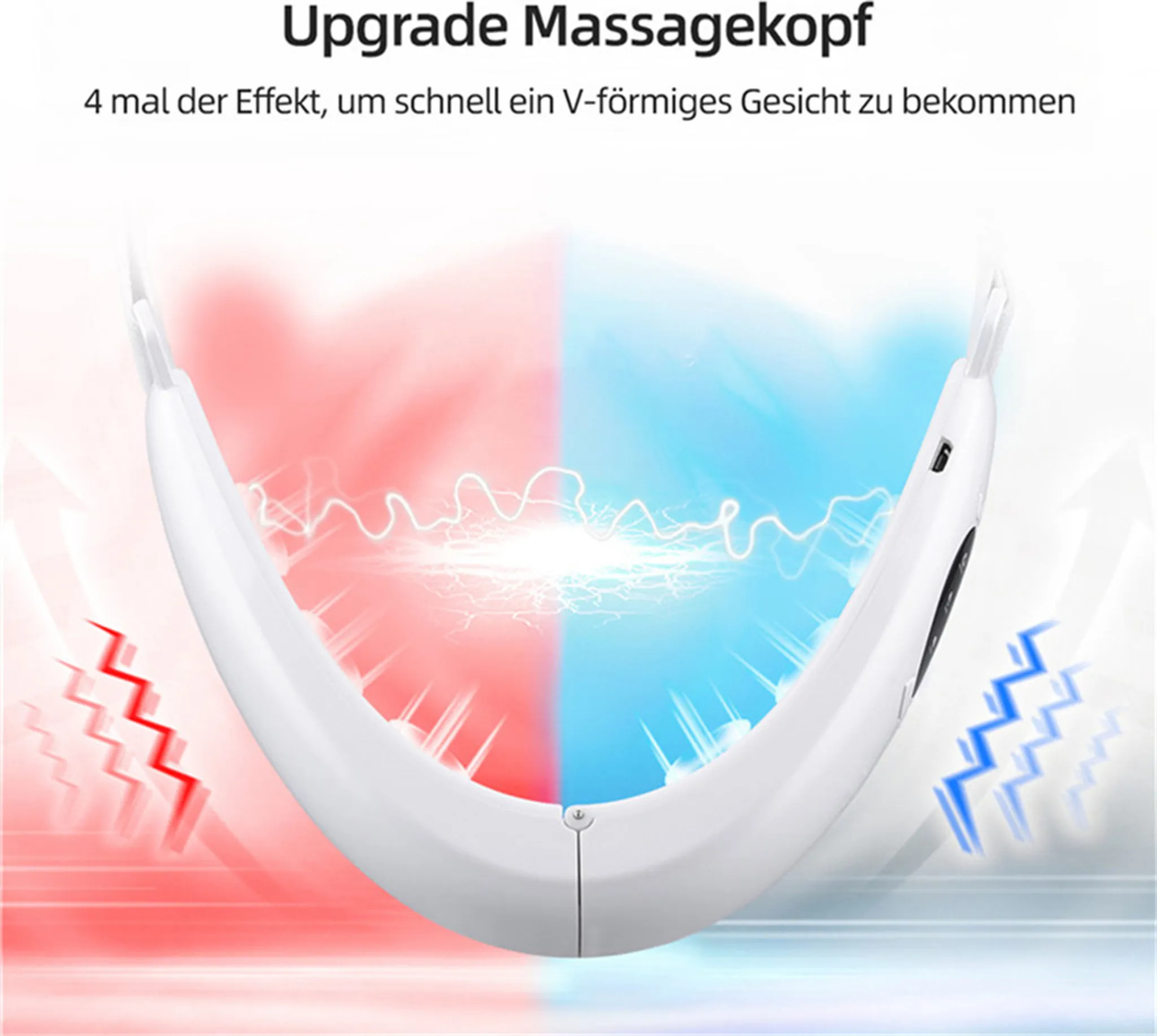 Ein weißes Massagegerät für das Gesicht, geteilt in rote und blaue Hälften.