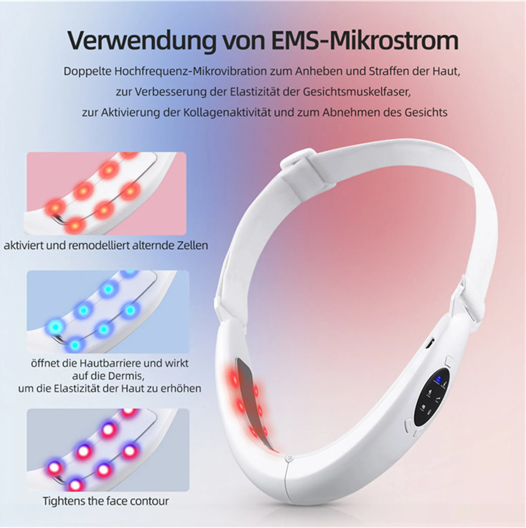 Ein weißes EMS-Gerät für das Gesicht mit roten und blauen Lichtern, die verschiedene Funktionen anzeigen.