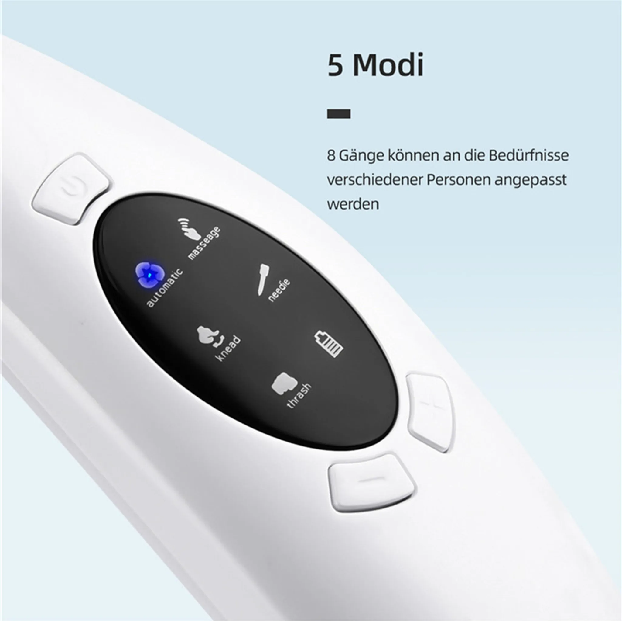 Ein weißes Gerät mit einem schwarzen Bildschirm, der 5 Modi anzeigt: Automatisch, Massage, Kneten, Nadel, Thrash.