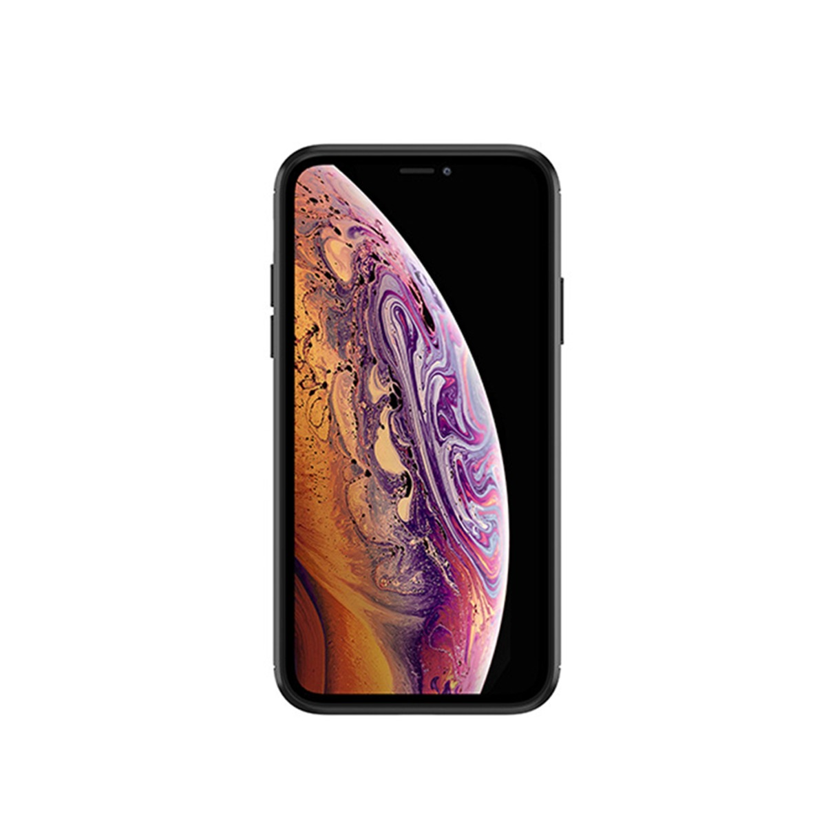 Uno smartphone nero mostra uno sfondo astratto e colorato su sfondo bianco.