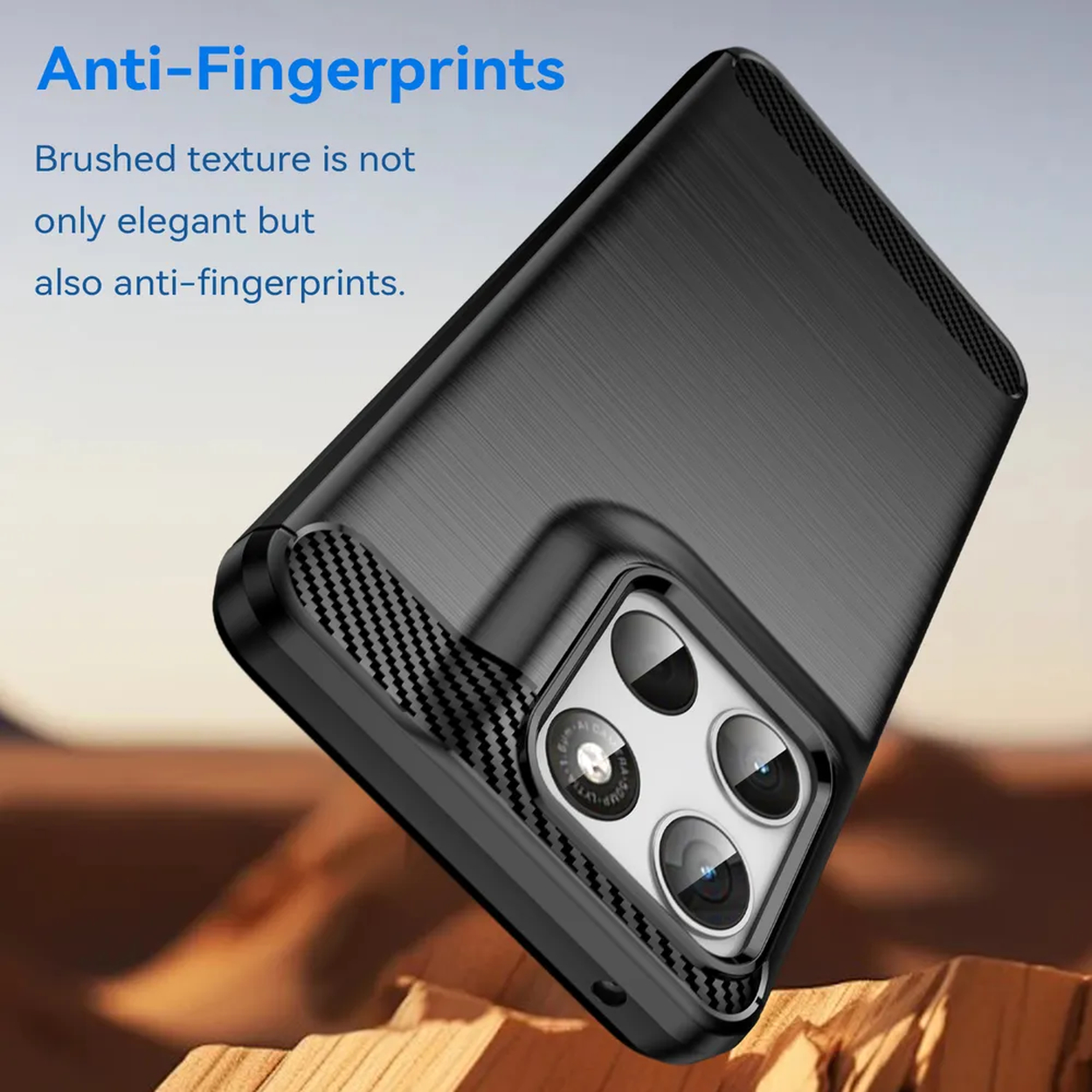 Coque de téléphone noire à texture brossée et bloc caméra, anti-traces.