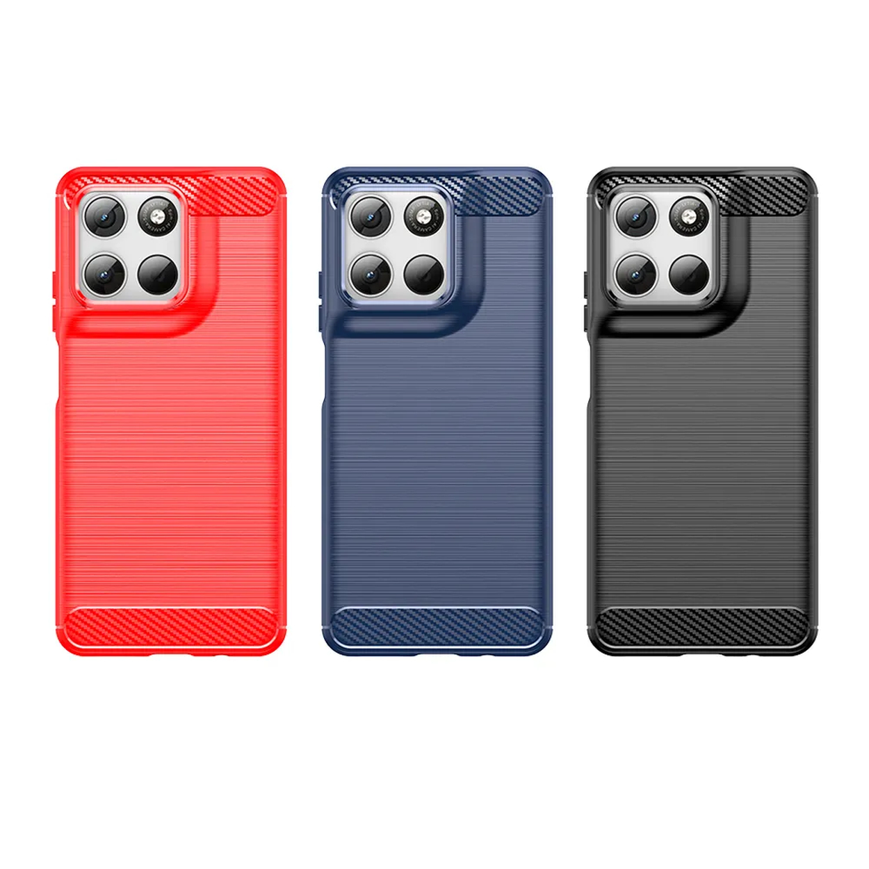 Trois coques de téléphone : rouge, bleu et noir, avec lignes parallèles et découpe caméra.