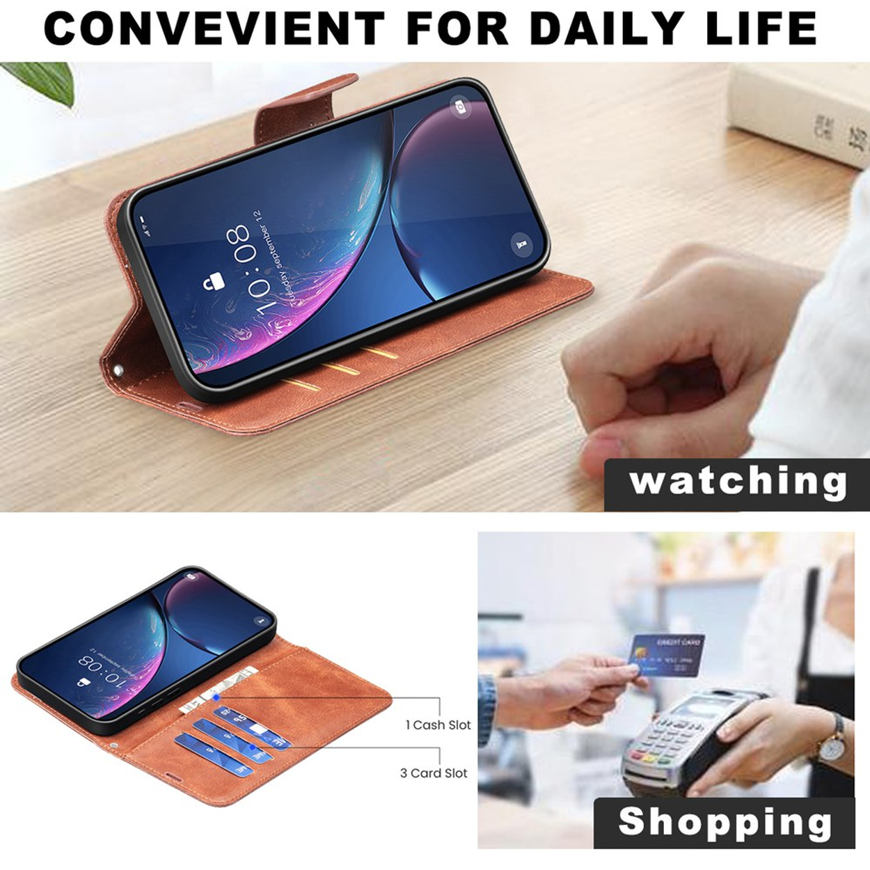 Portefeuille de téléphone marron avec fentes pour cartes et téléphone.