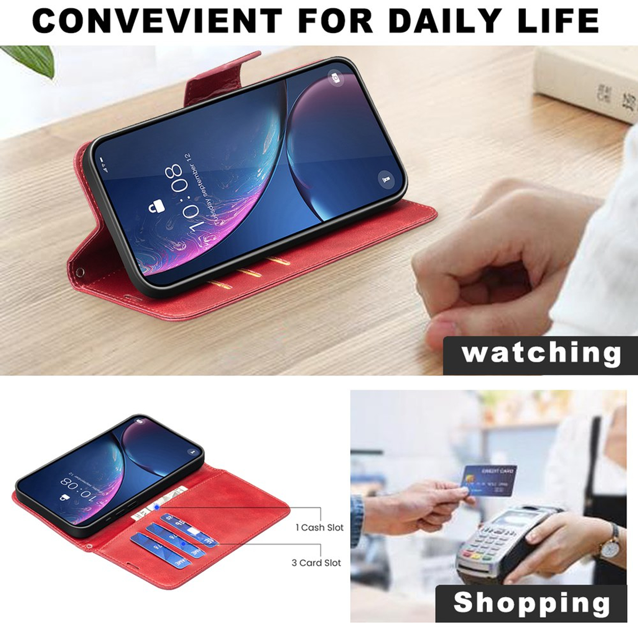 Étui de téléphone rouge avec fentes pour cartes et espèces. Montre aussi l'utilisation du téléphone et le shopping.