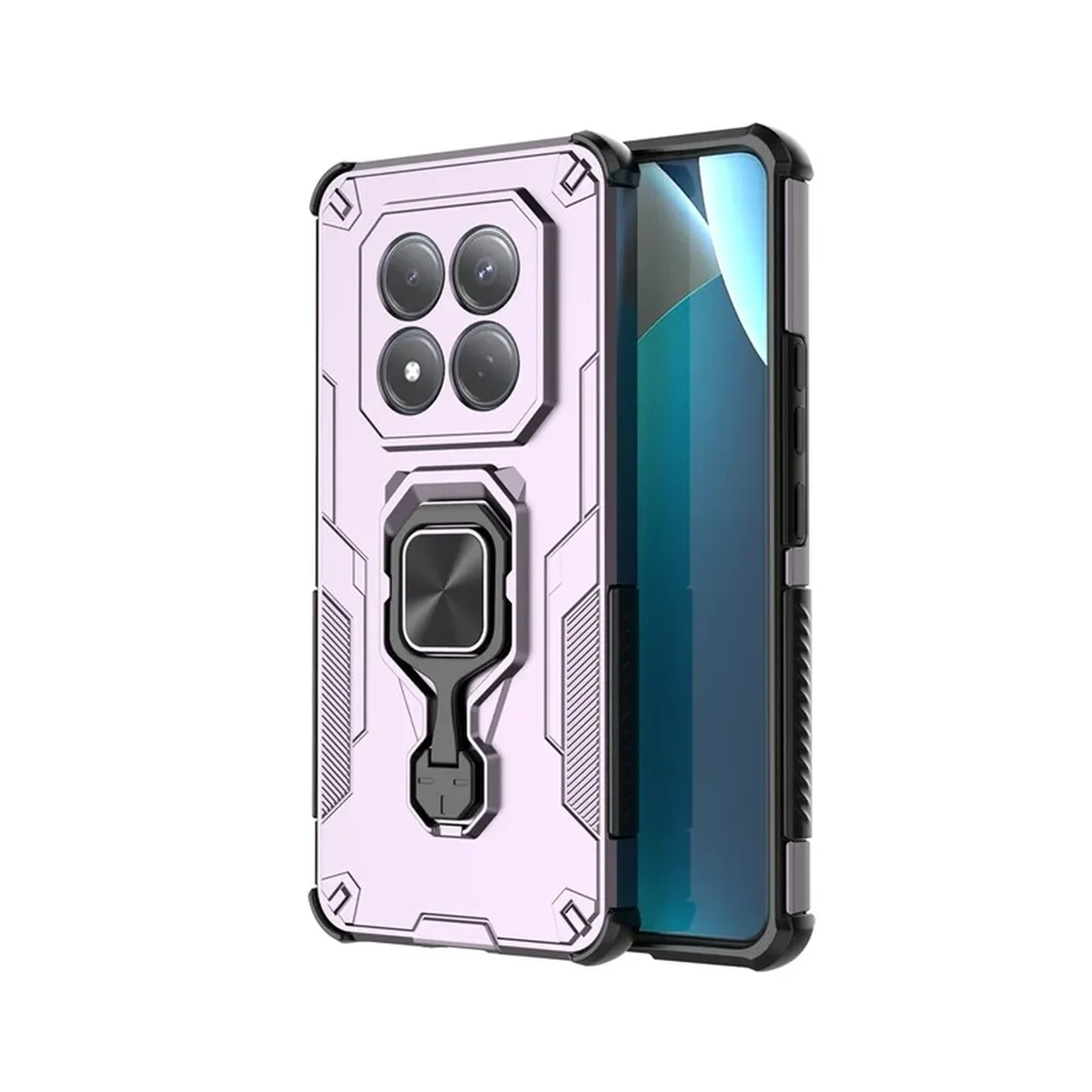 Coque de téléphone rose avec quatre caméras et un anneau métallique sur fond blanc.