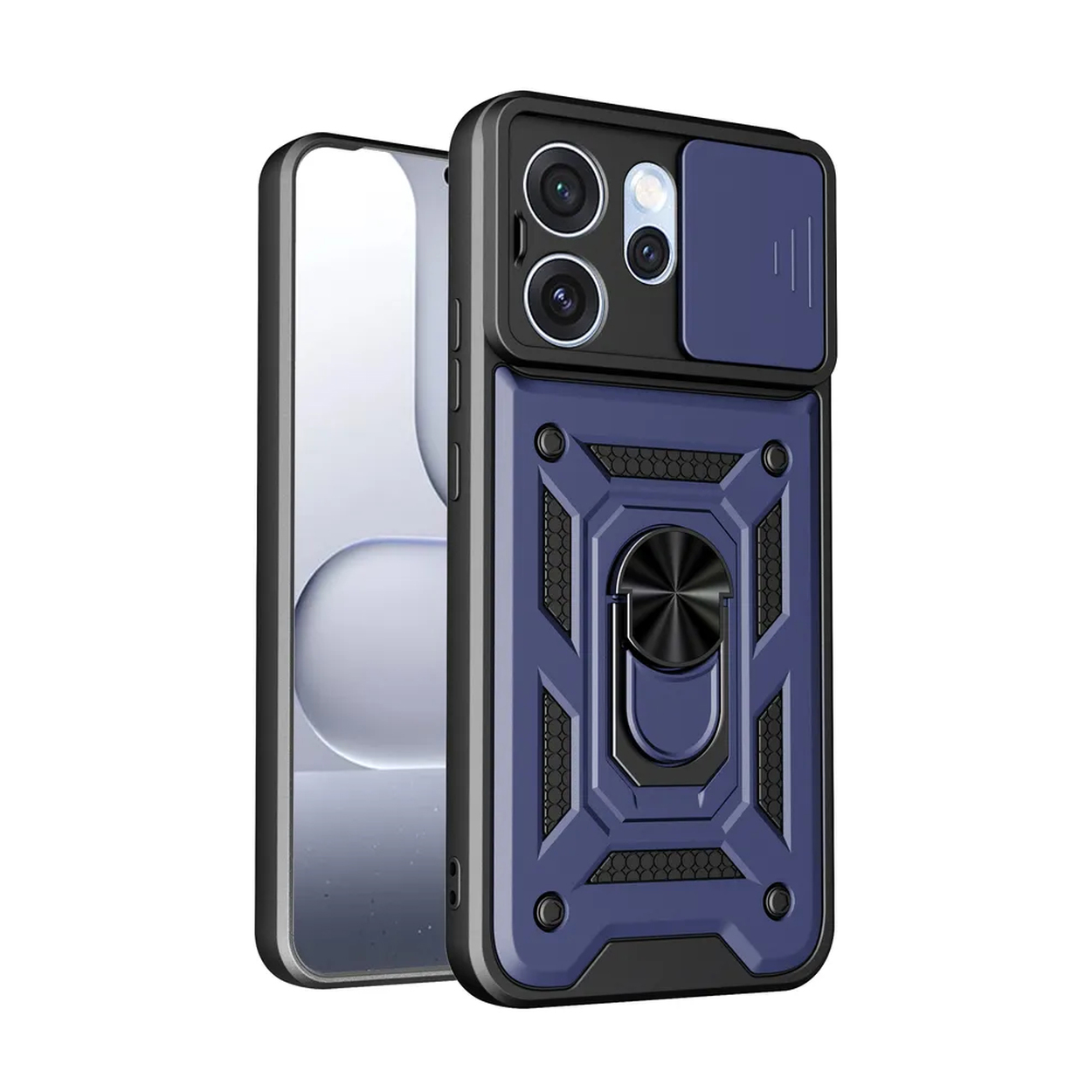 Coque de téléphone bleu foncé avec anneau et cache-objectif.