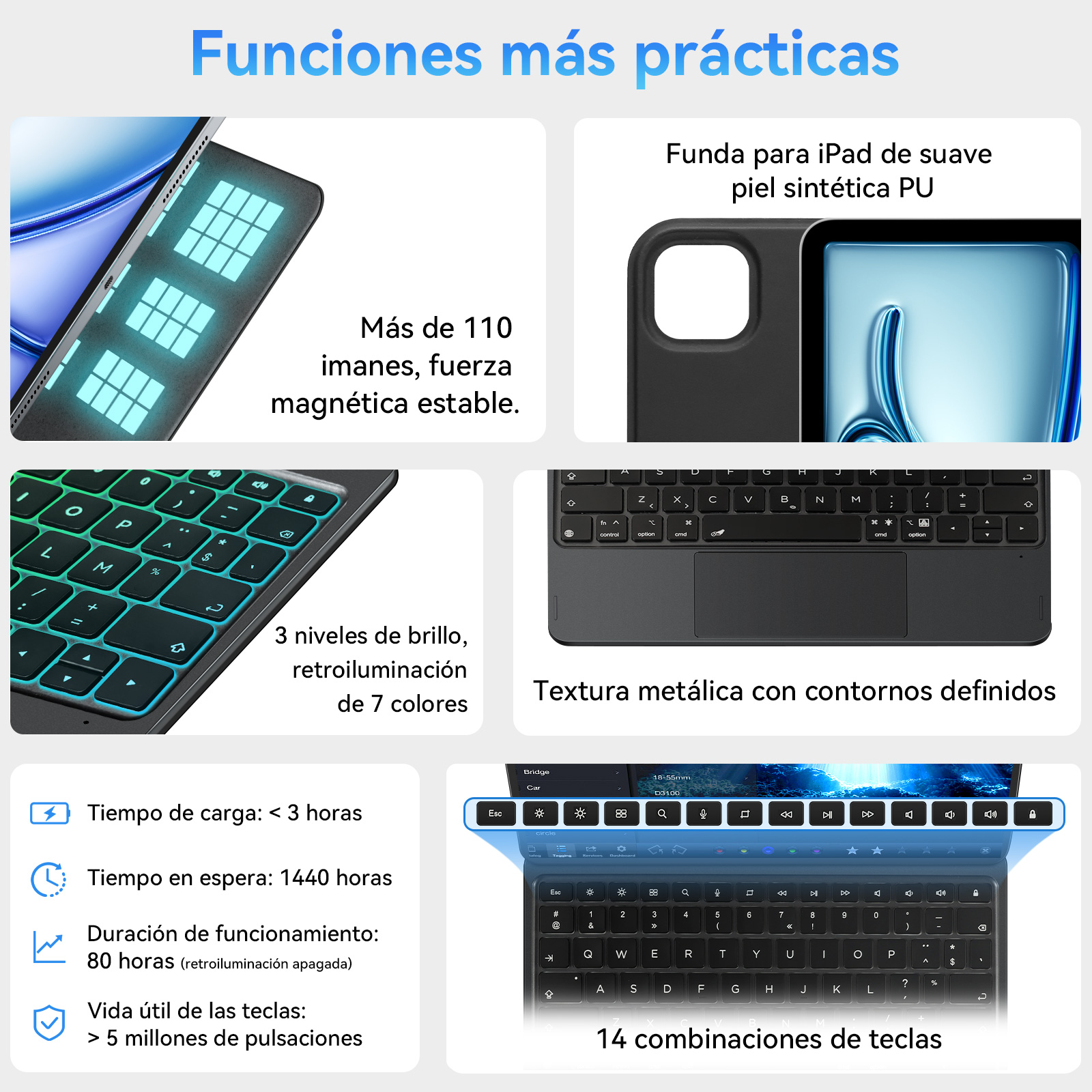 Imagen muestra accesorio iPad con teclado y funda. Describe funciones como imanes, brillo y teclas.
