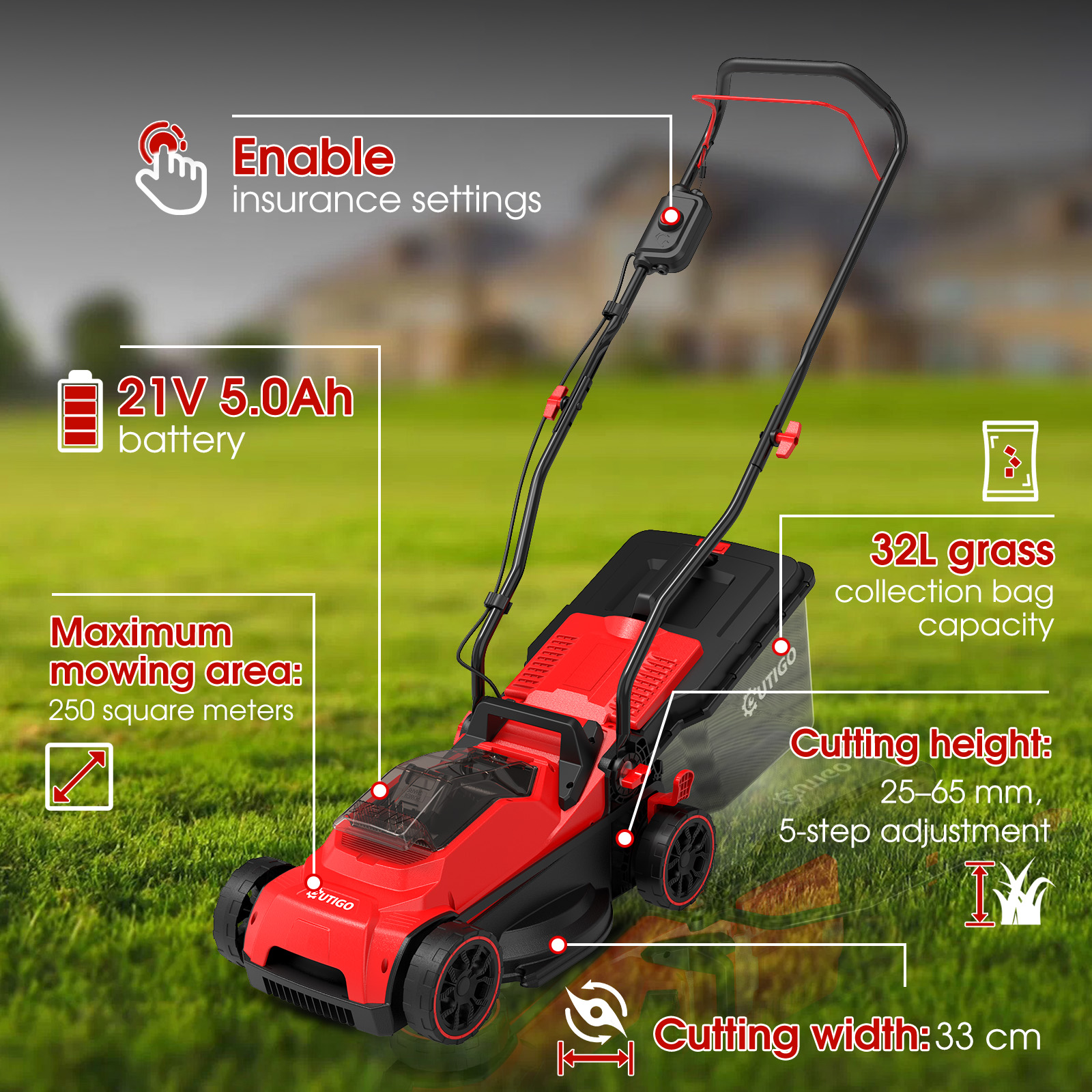 Czerwono-czarna kosiarka na zewnątrz ze specyfikacjami technicznymi.