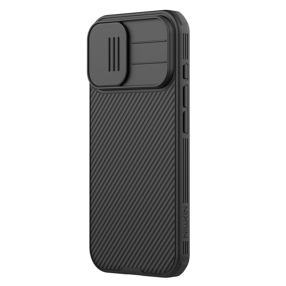Custodia nera per telefono con texture a coste e copriobiettivo.