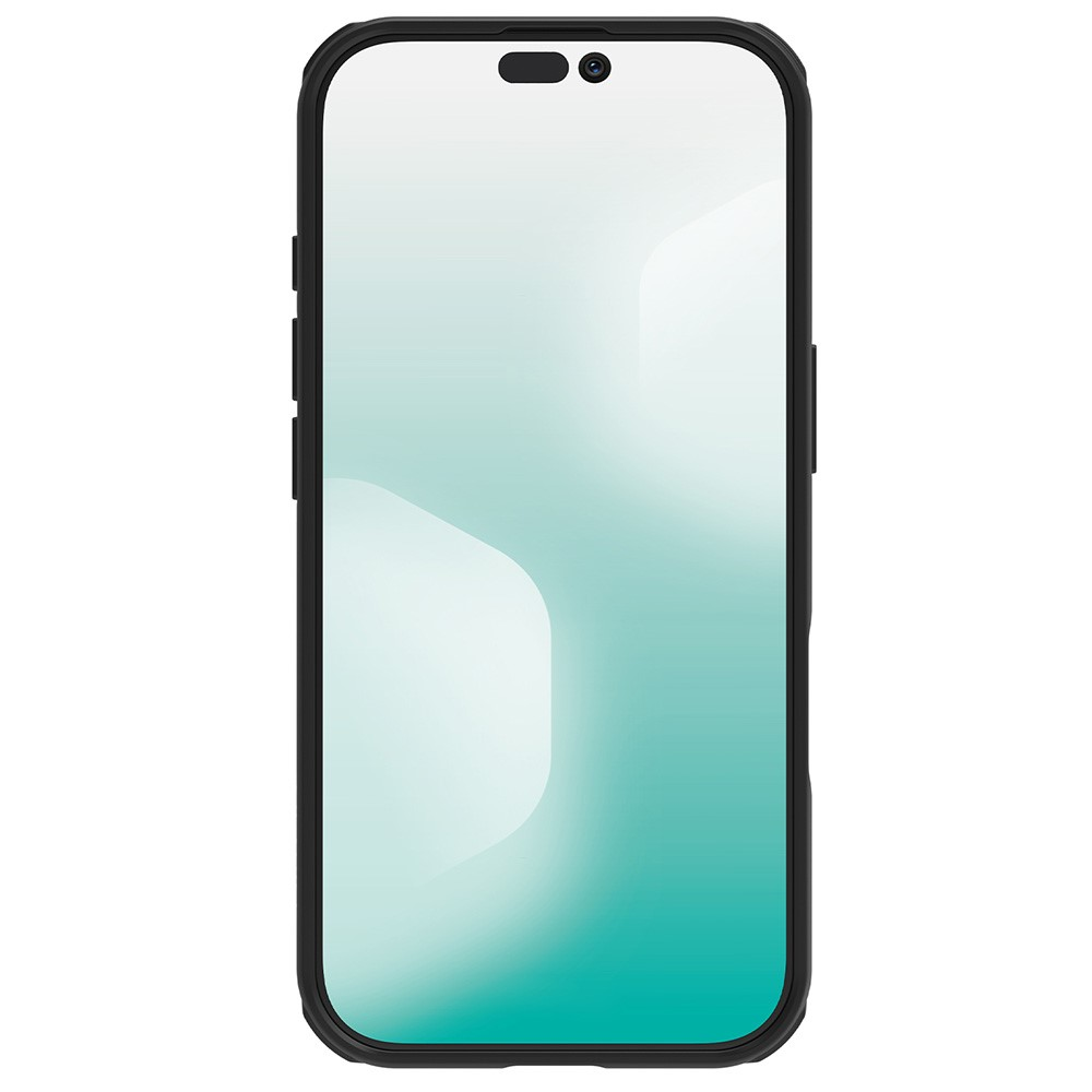 Smartphone nero con notch e fotocamera, su sfondo bianco.