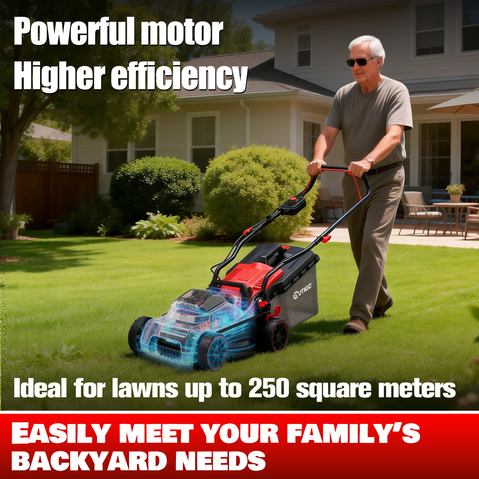 Mężczyzna pcha kosiarkę na podwórku. Kosiarka ma przezroczysty przód.