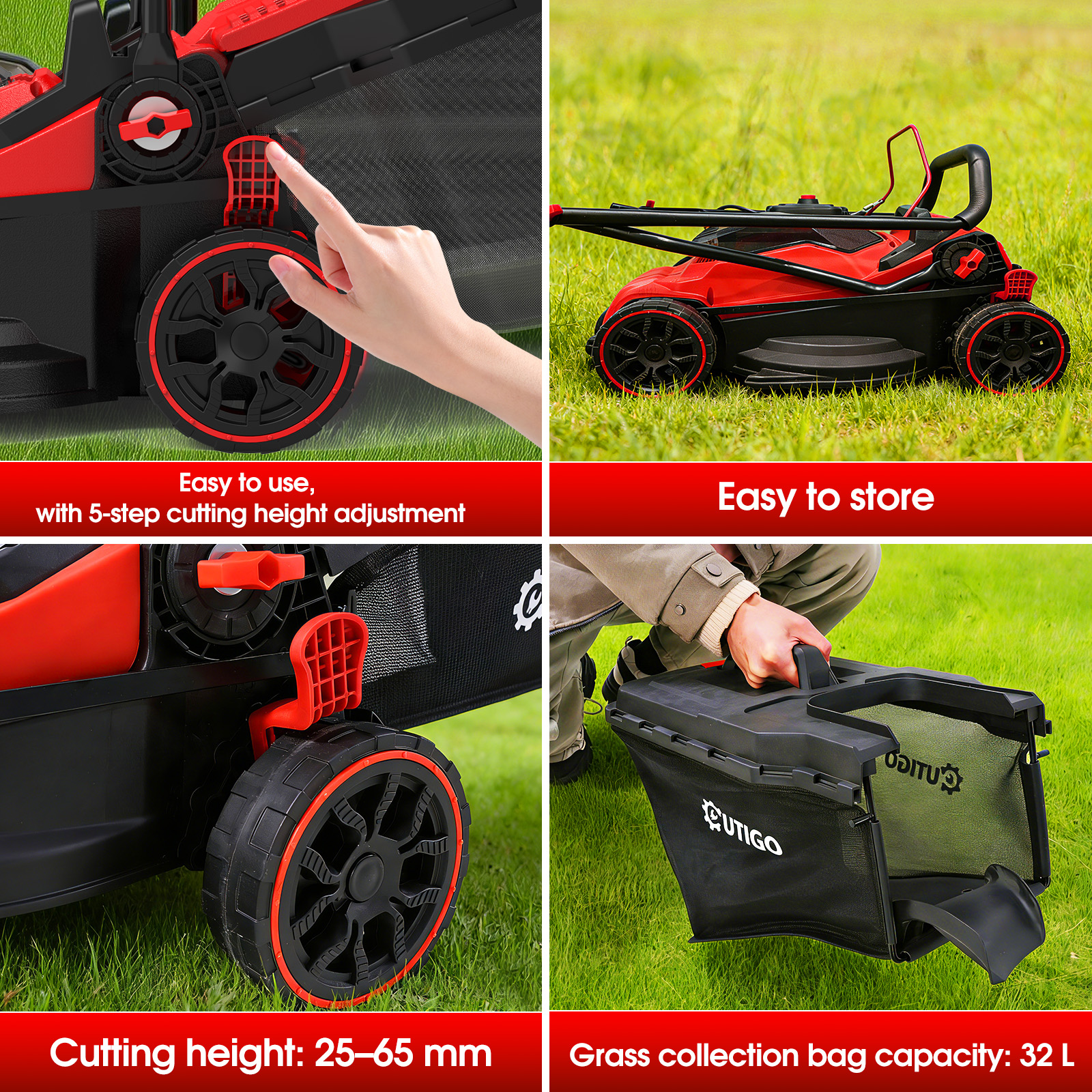 Czerwona kosiarka: regulacja wysokości, łatwe przechowywanie, worek.