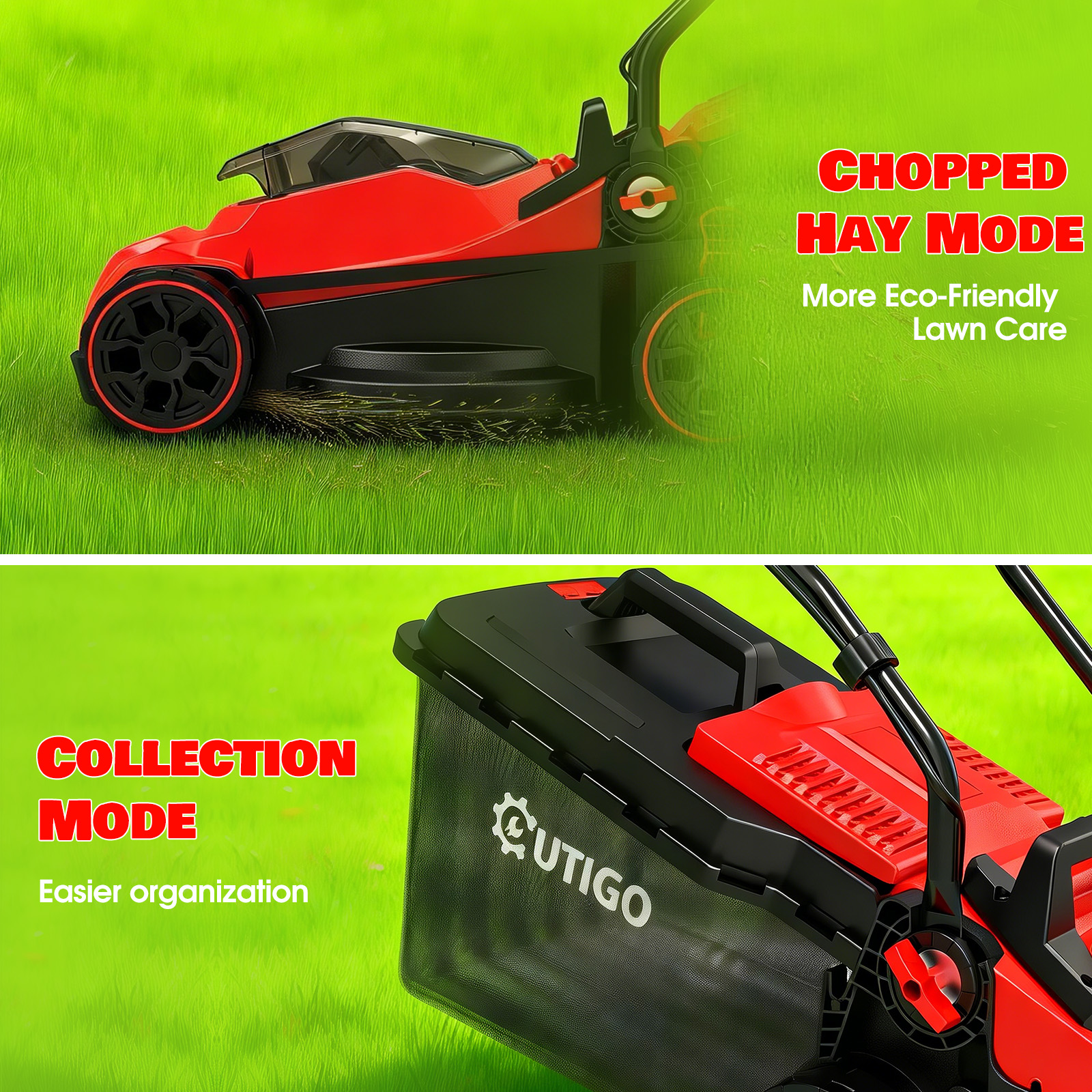 Czerwono-czarna kosiarka na zielonej trawie, pokazująca tryb mulczowania i zbierania.