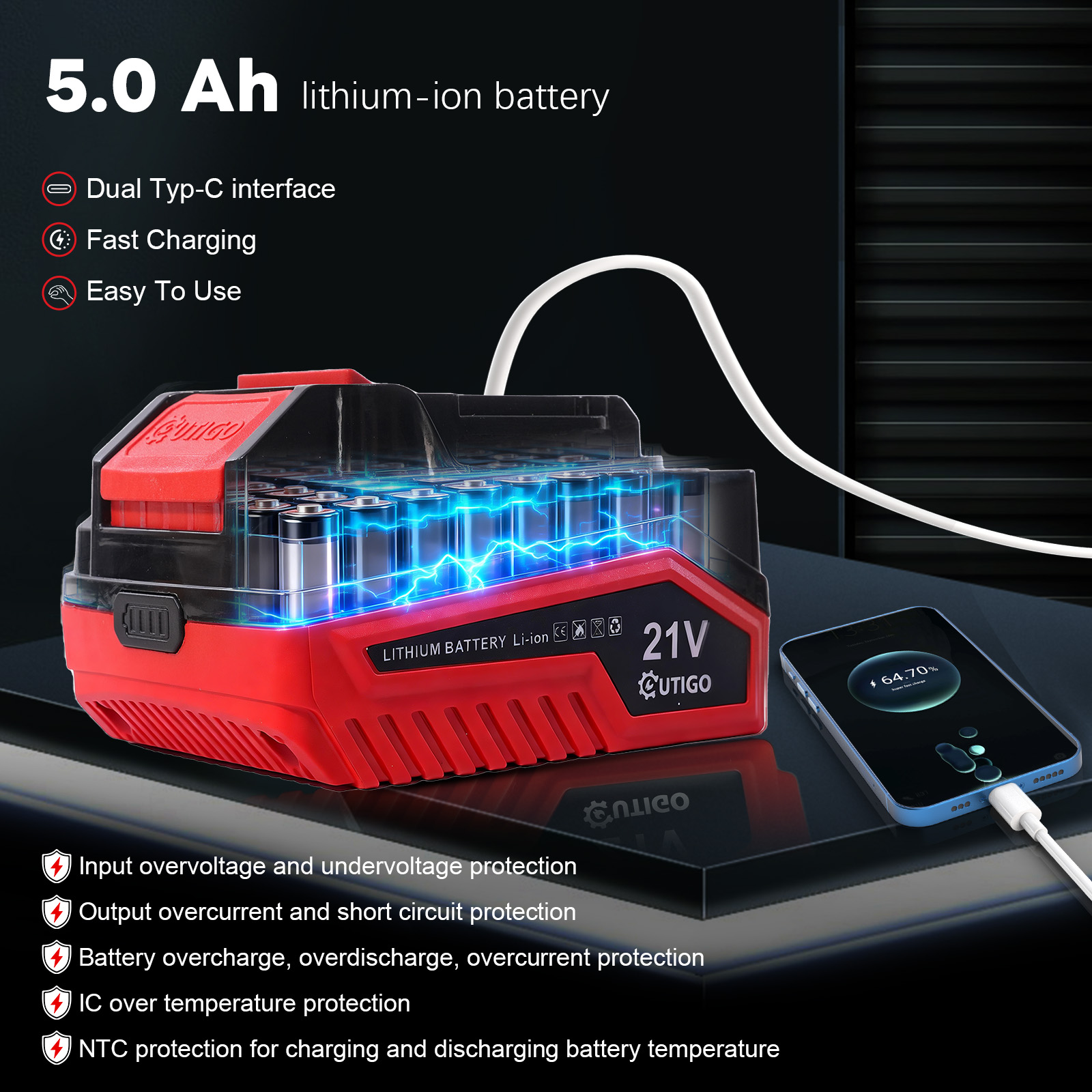 Bateria litowo-jonowa Utigo 21V z portem Type-C, ładująca smartfon.