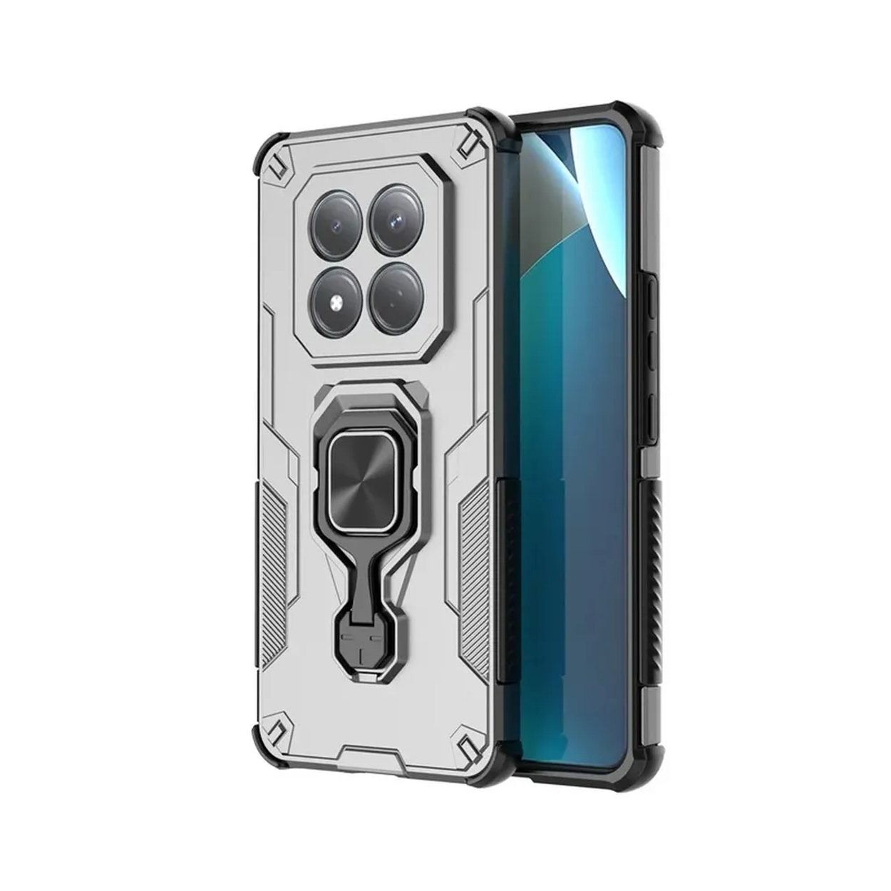 Smartphone argenté avec étui de protection et support anneau. Quatre caméras au dos.