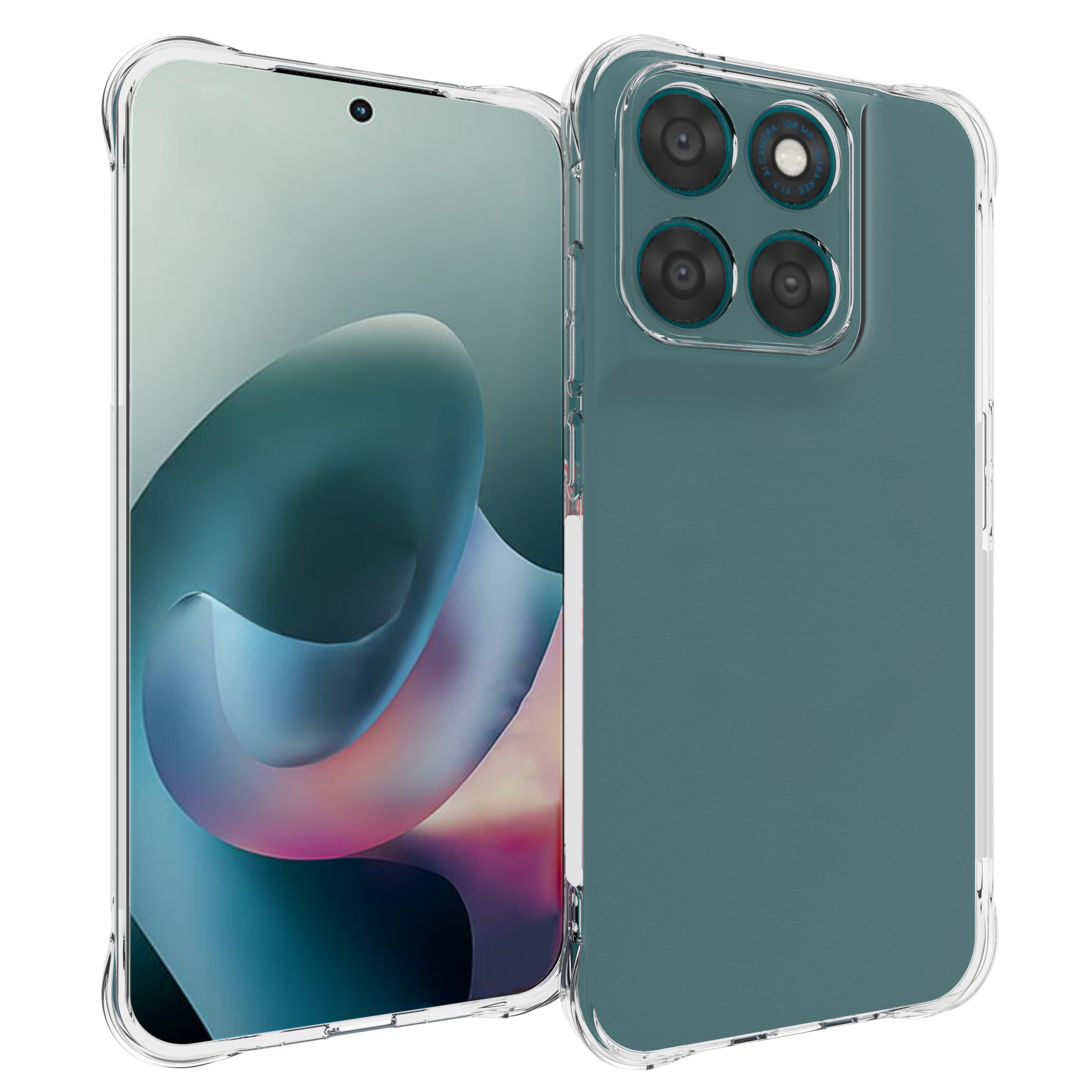 Une coque de téléphone transparente avec un téléphone vert.