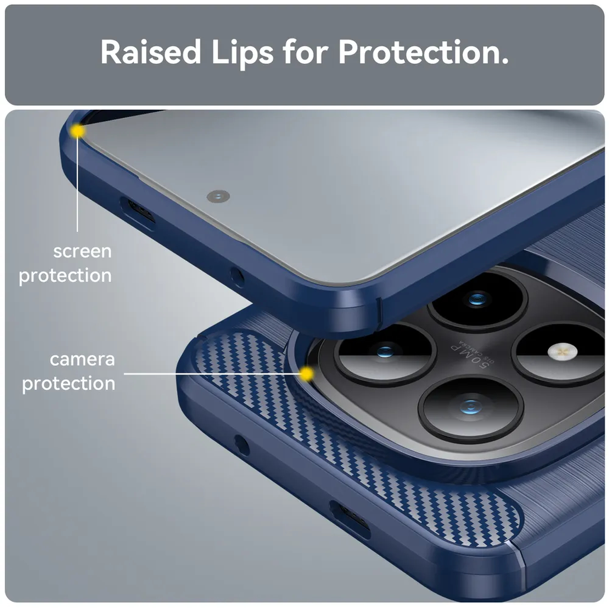 Blauw telefoonhoesje met verhoogde randen voor scherm- en camerabescherming.