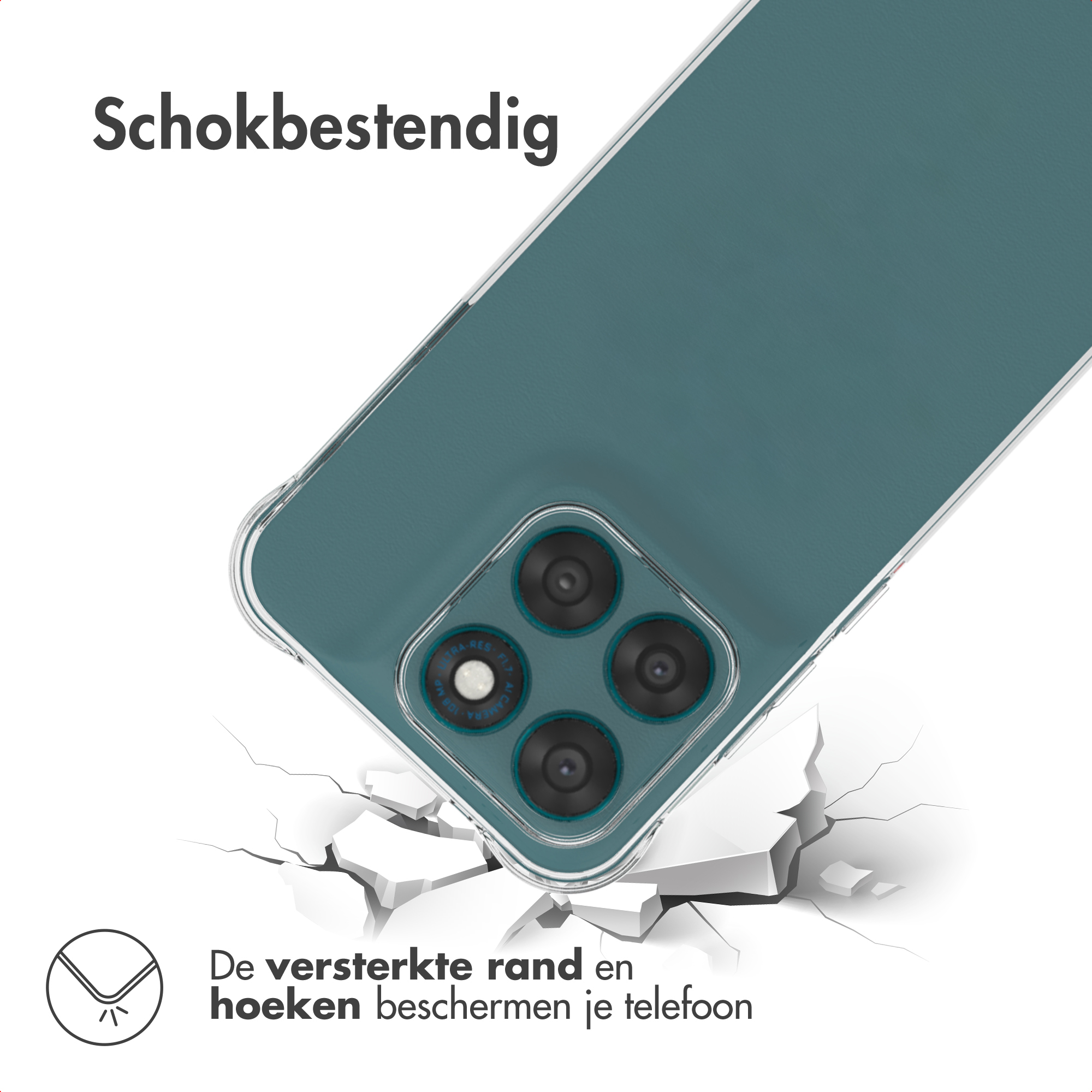 Une coque de téléphone bleu sarcelle tombant et brisant des blocs blancs. Résistant aux chocs.