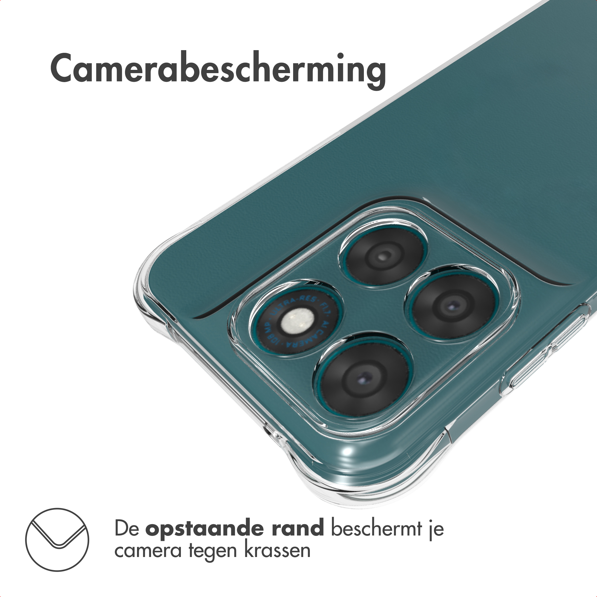 Une coque de téléphone transparente protège l'appareil photo.