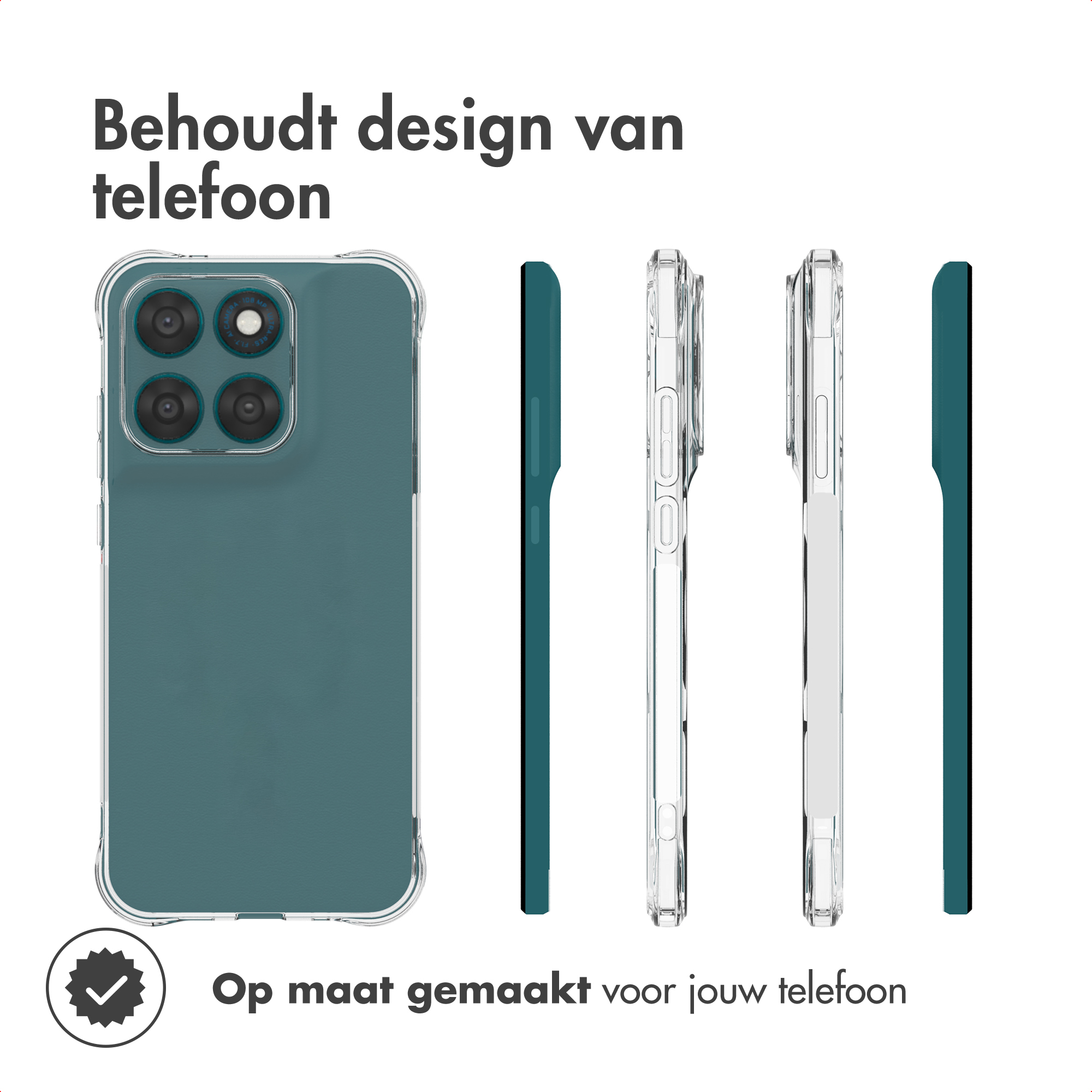 Une coque de téléphone bleu sarcelle avec quatre caméras et trois vues de coques transparentes.