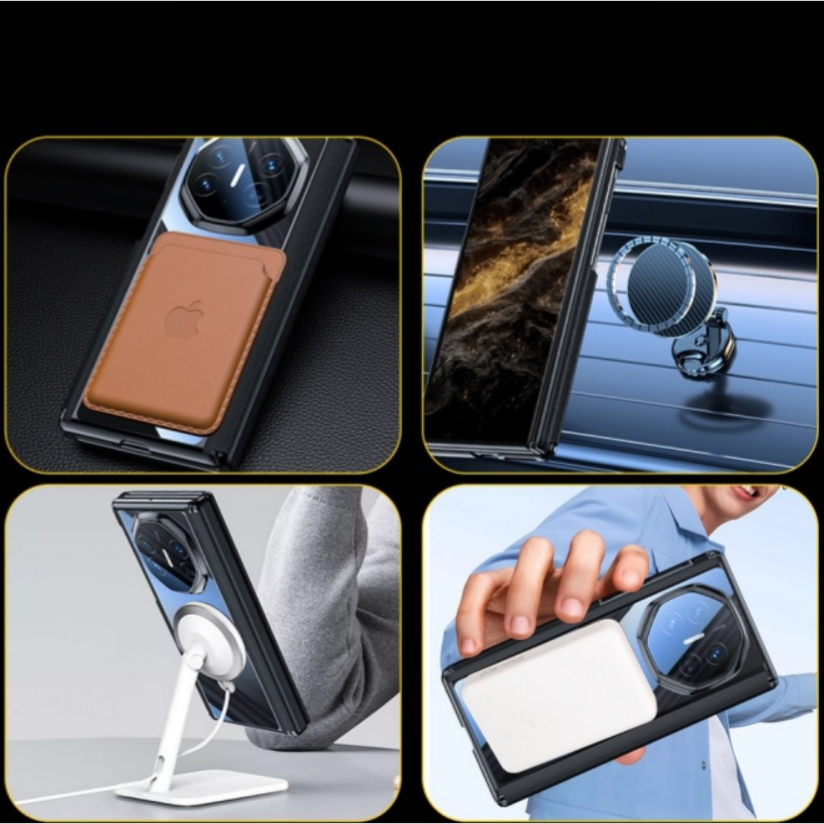 Een smartphone met bruine hoes, autohouder, standaard en een witte powerbank.