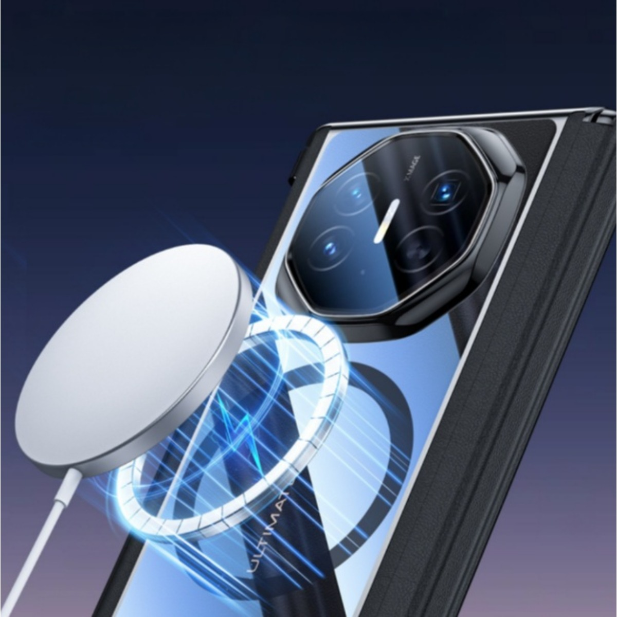 Een witte magnetische lader laadt een smartphone met vier camera's op.