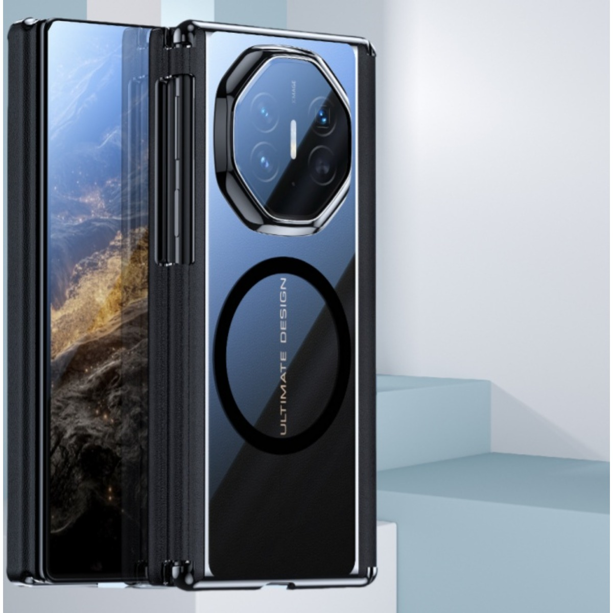 Een blauwe en zwarte opvouwbare telefoon met uniek camera-ontwerp en cirkelvormig logo.