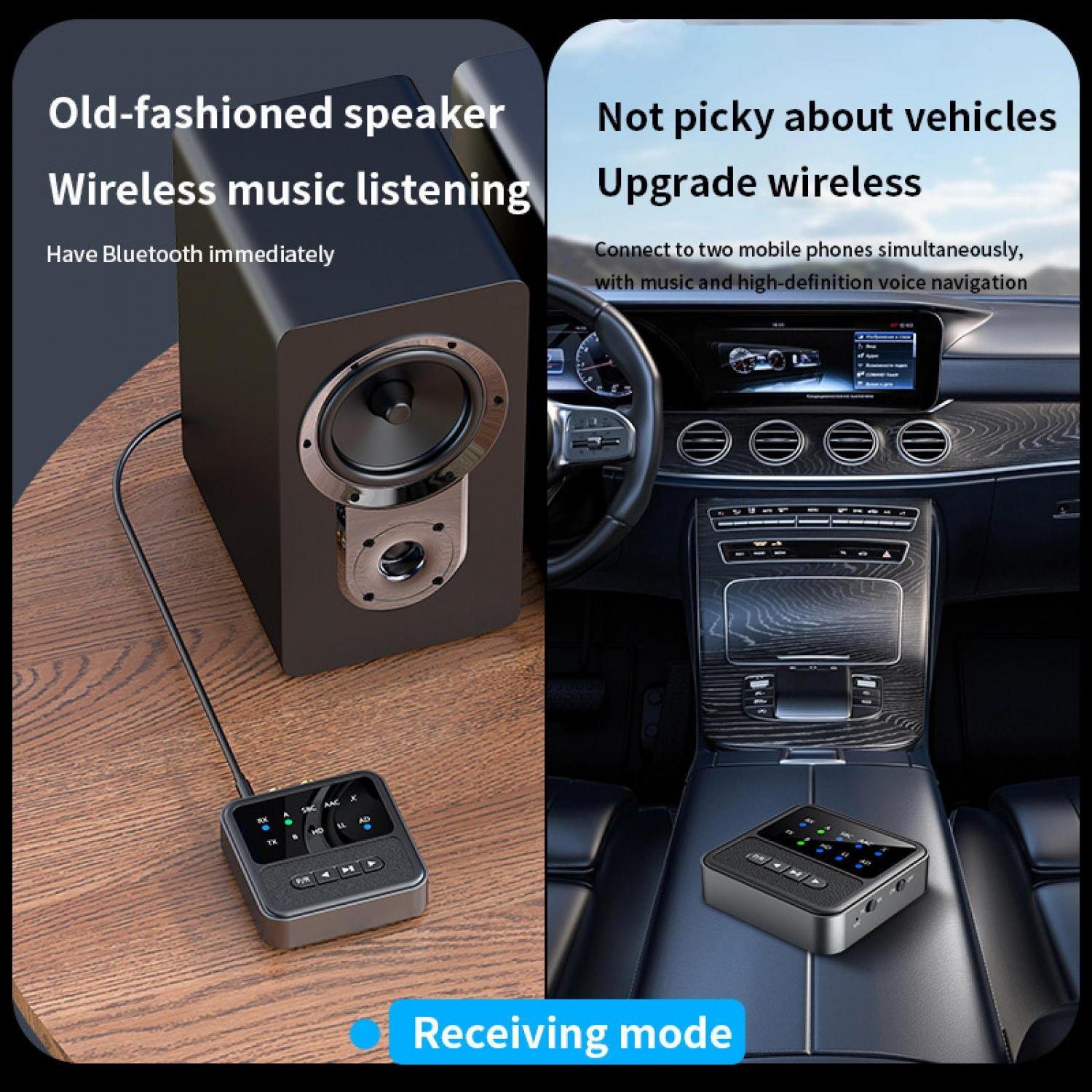 Ein schwarzer Lautsprecher und ein Bluetooth-Empfänger auf einem Holztisch. Daneben ein Auto-Innenraum.