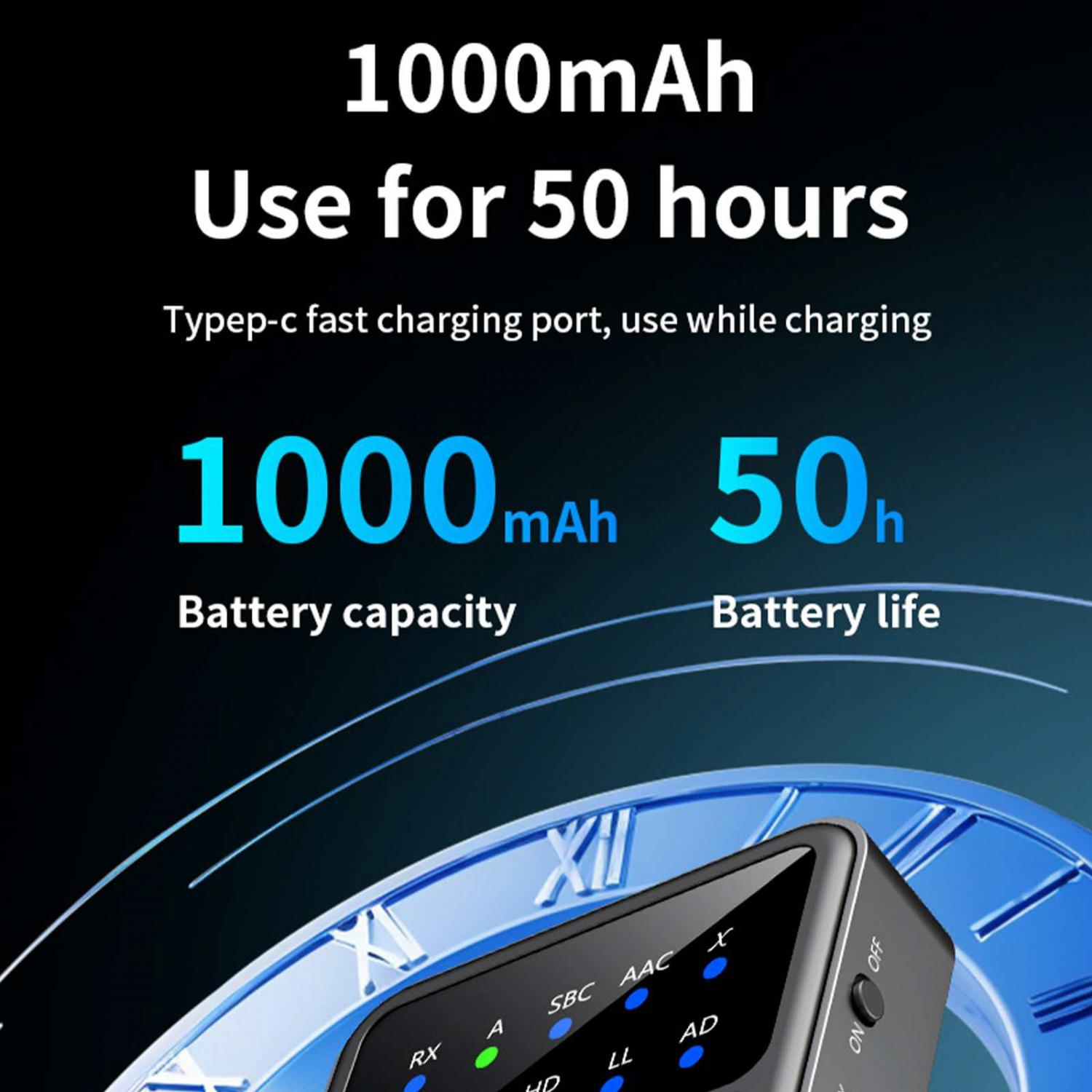 Gerät mit 1000mAh Akkukapazität, 50h Laufzeit, USB-C-Ladung. Mit SBC, AAC, AD.