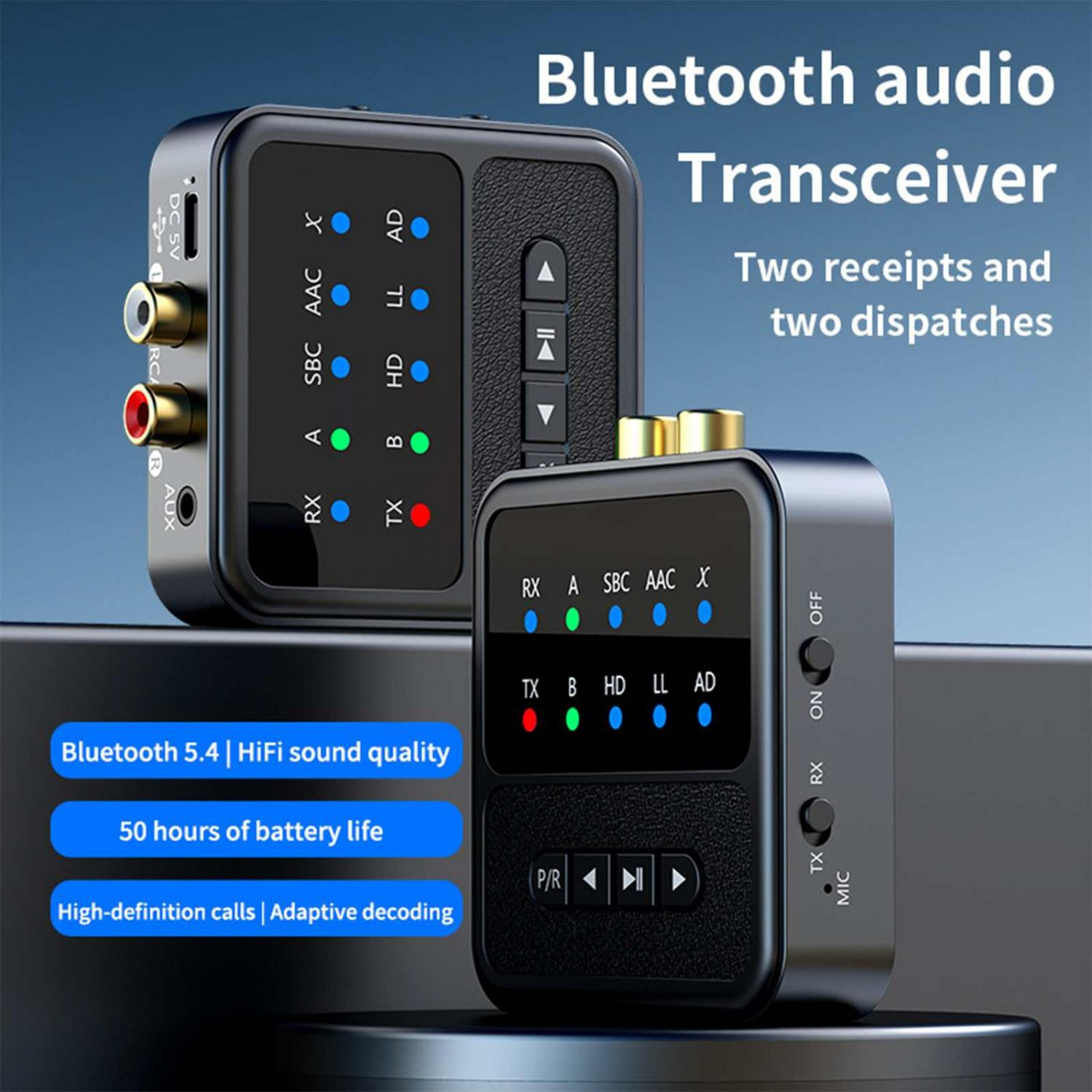 Bluetooth Audio Transceiver mit RCA-, AUX-Anschlüssen, LEDs und Tasten. Blau und Schwarz.
