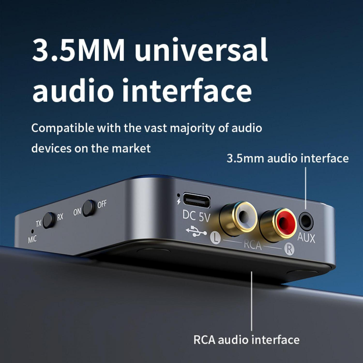 Grauer Audioadapter mit Cinch- und 3,5-mm-Anschlüssen. Hat TX/RX/MIC/ON/OFF-Tasten.