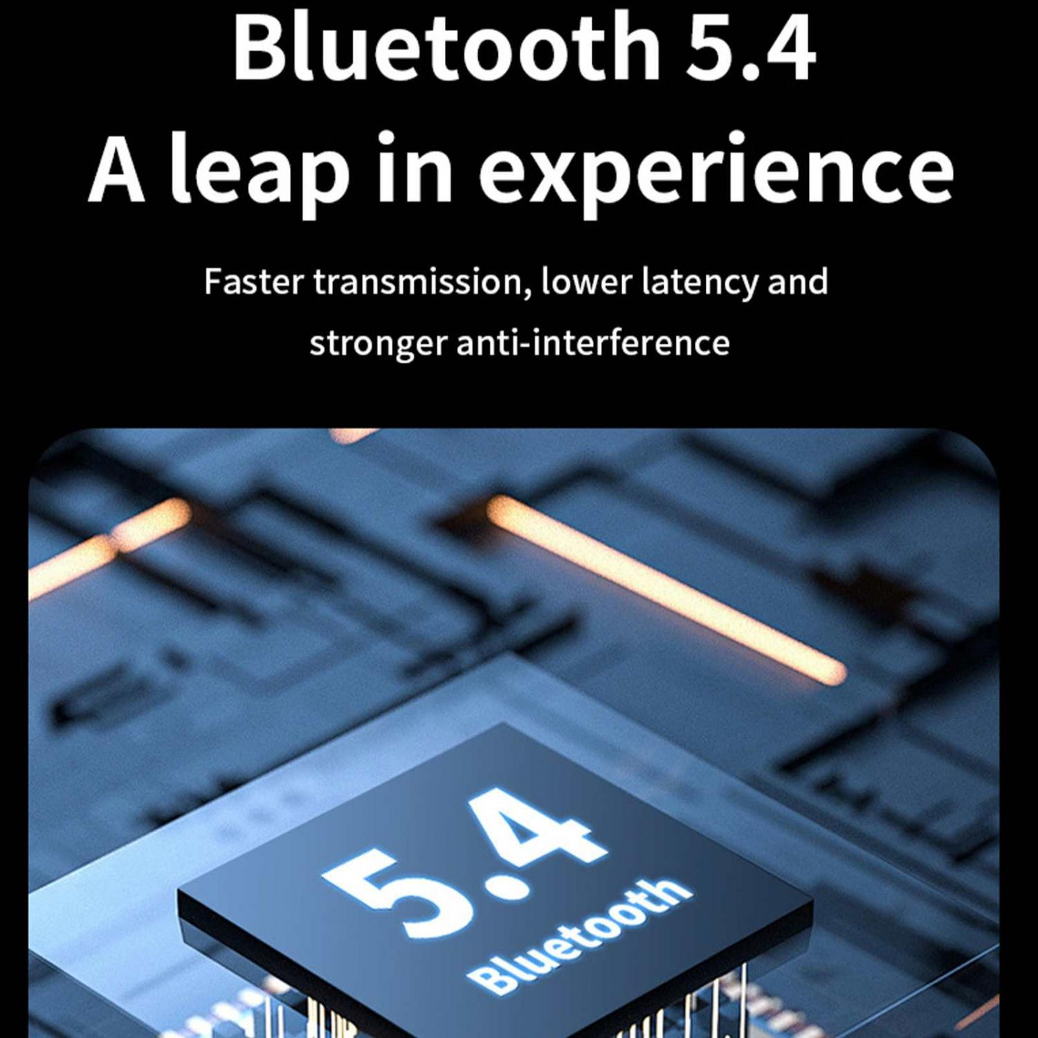 Nahaufnahme eines Bluetooth 5.4 Chips mit Text über verbesserte Leistung.