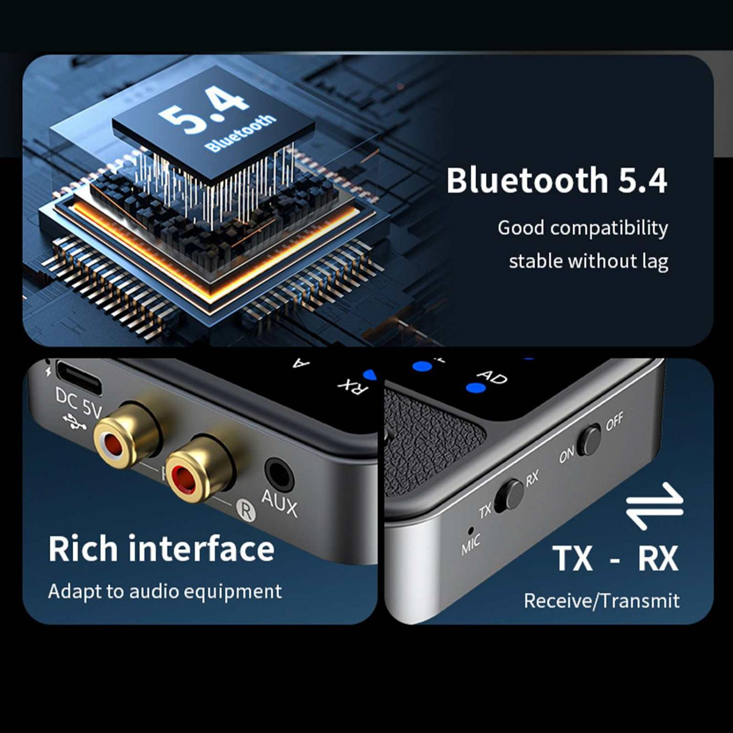 Bluetooth 5.4 Chip und Geräteanschlüsse: DC 5V, RCA, AUX, MIC. TX/RX Modi.