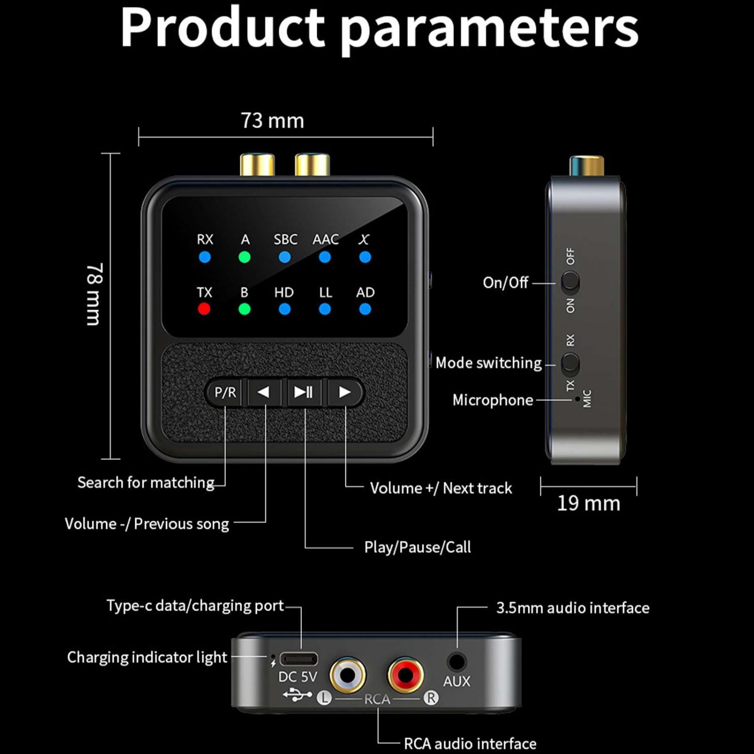 Produktparameter: 78x73x19mm, mit Anschlüssen, Tasten und Ladeanzeige.