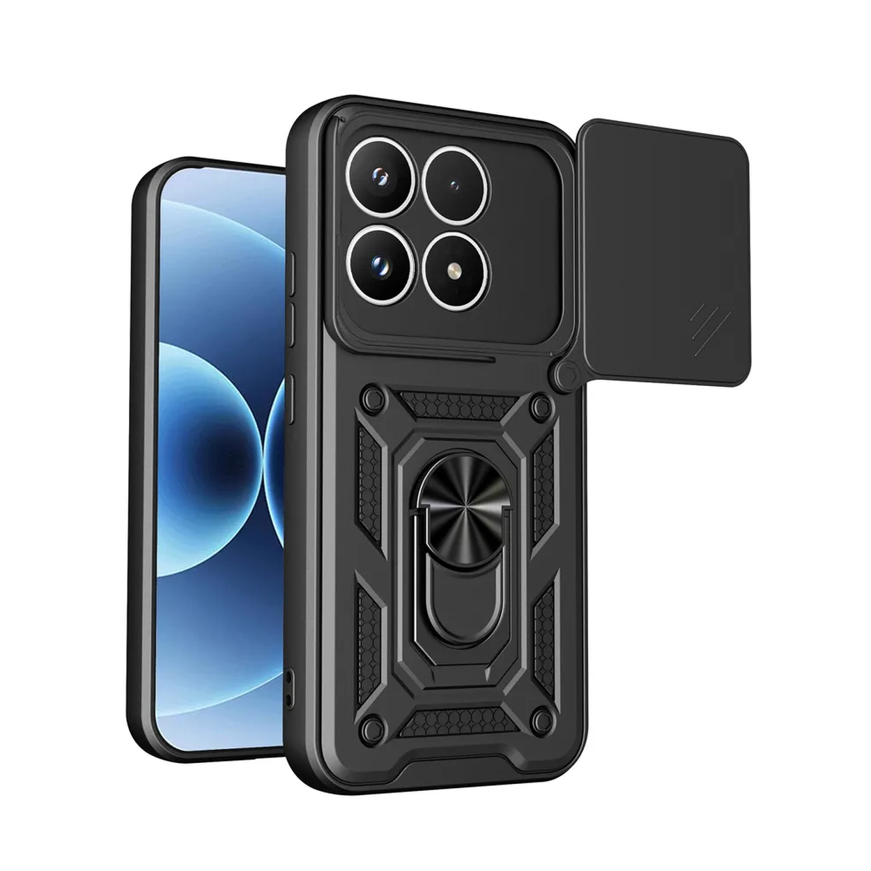 Zwarte telefoonhoes met ringhouder, vier camera's en schuifbare camerabedekking.