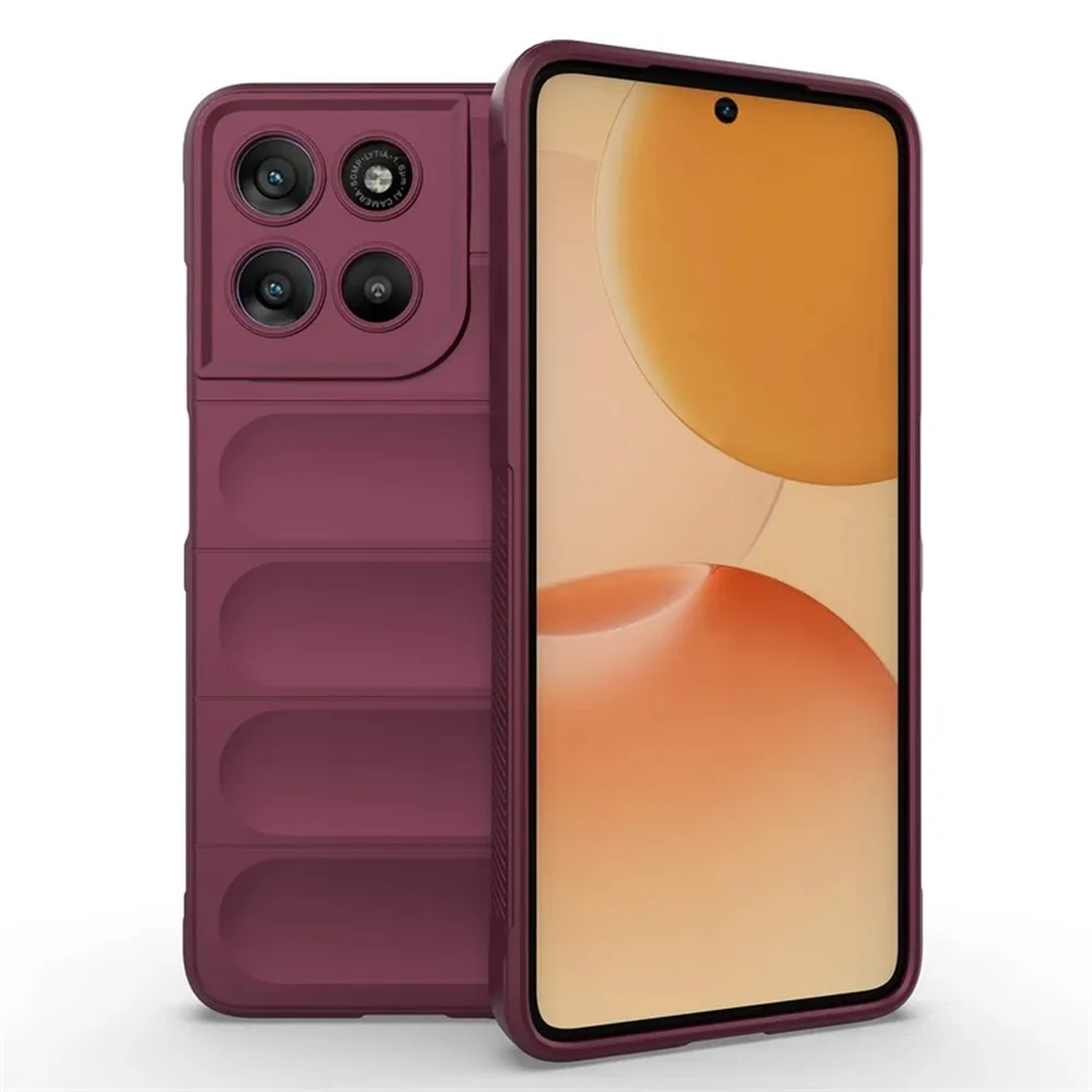Un téléphone rouge foncé avec quatre caméras et un dos côtelé.