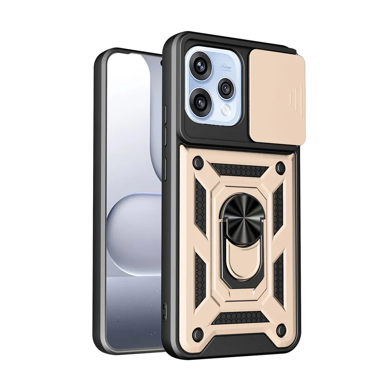 Une coque de téléphone dorée et noire avec support bague et cache-appareil photo.